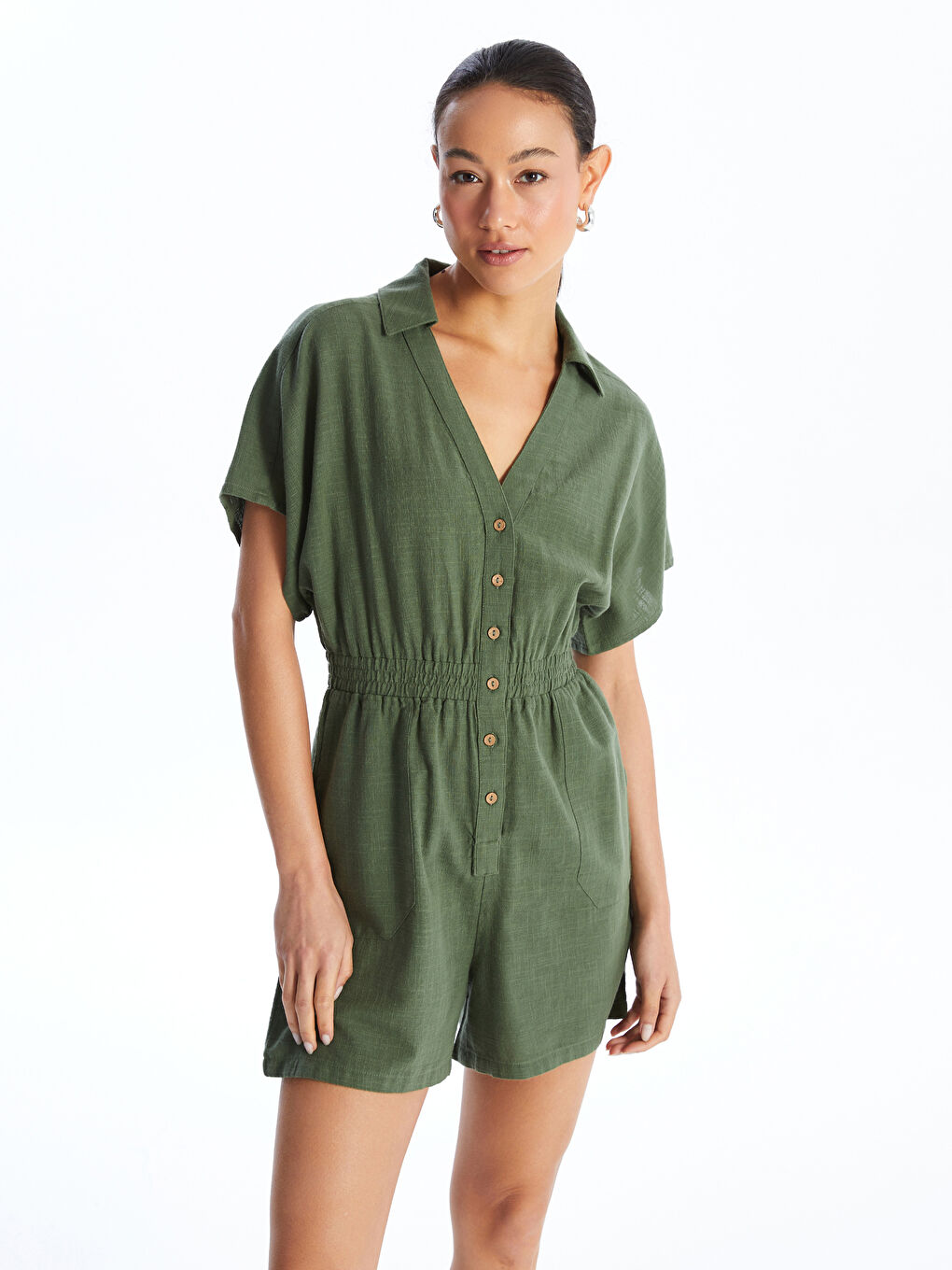 LCW Vision Shirt Collar Plain Short Sleeve Linen-Look Women's Jumpsuit -S4ES40Z8-H70