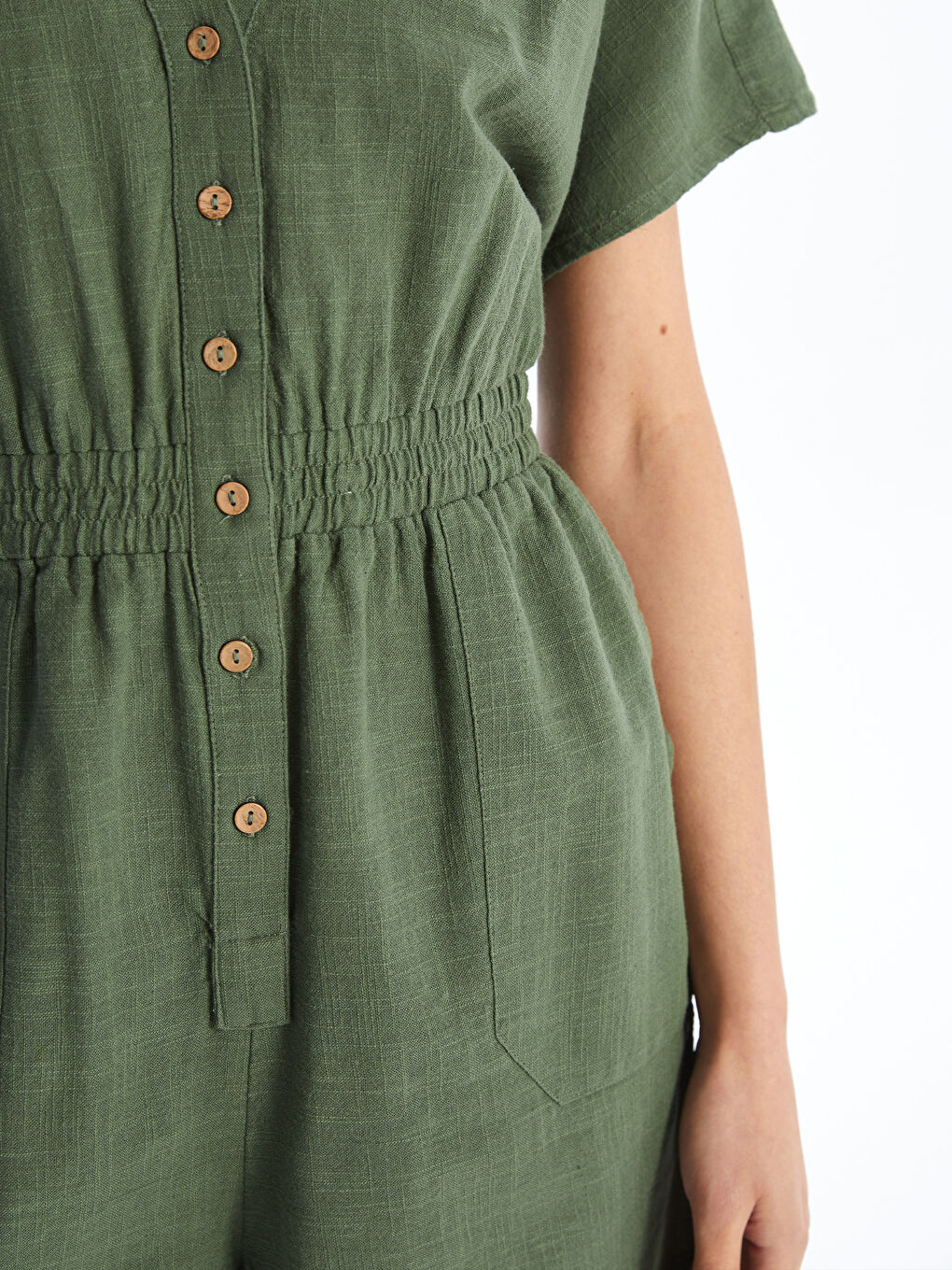 LCW Vision Shirt Collar Plain Short Sleeve Linen-Look Women's Jumpsuit -S4ES40Z8-H70