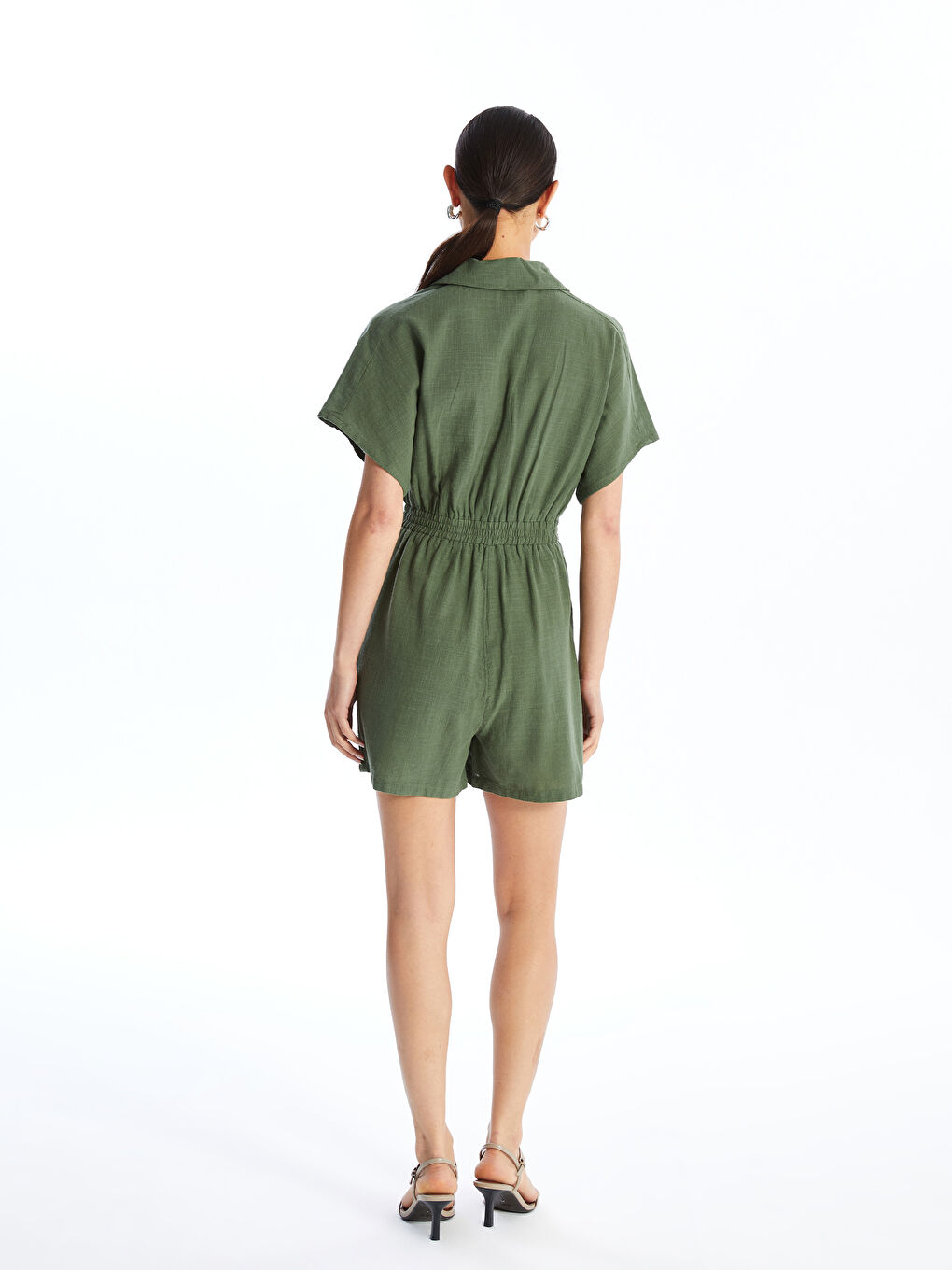 LCW Vision Shirt Collar Plain Short Sleeve Linen-Look Women's Jumpsuit -S4ES40Z8-H70