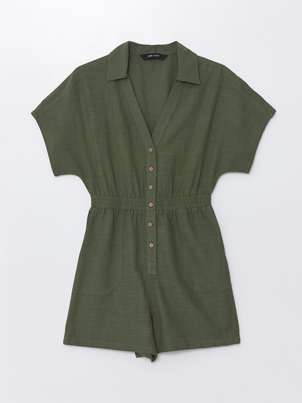 LCW Vision Shirt Collar Plain Short Sleeve Linen-Look Women's Jumpsuit -S4ES40Z8-H70