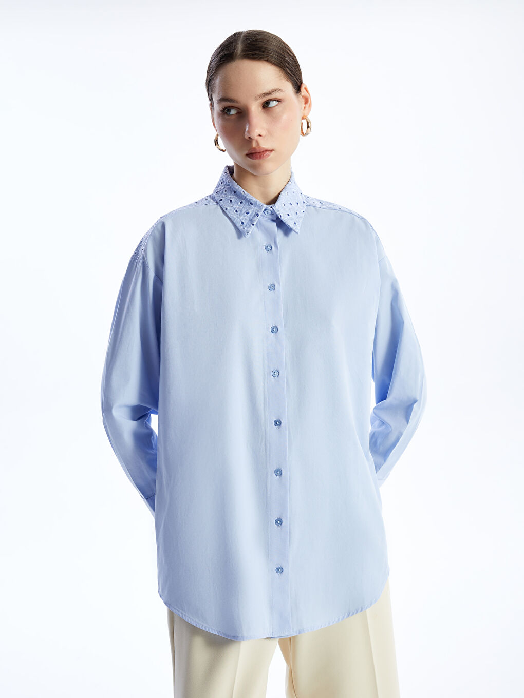 Embroidered Long Sleeve Oversize Women's Shirt Tunic -S4ES41Z8-YAQ