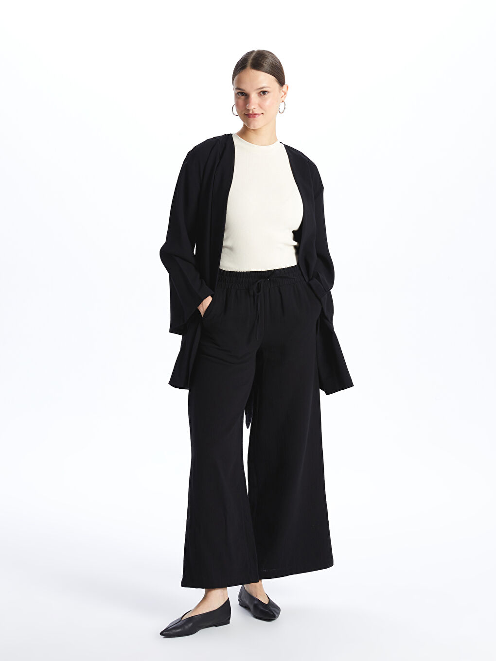 Siyah Beli Lastikli Rahat Kalıp Müslin Kadın Pantolon-1