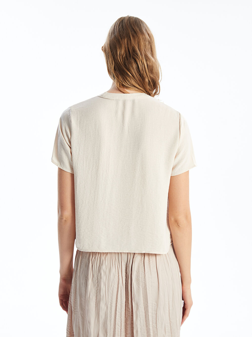 әйелдерге арналған ойық жағалы өрнексіз қысқа жең блузка-4