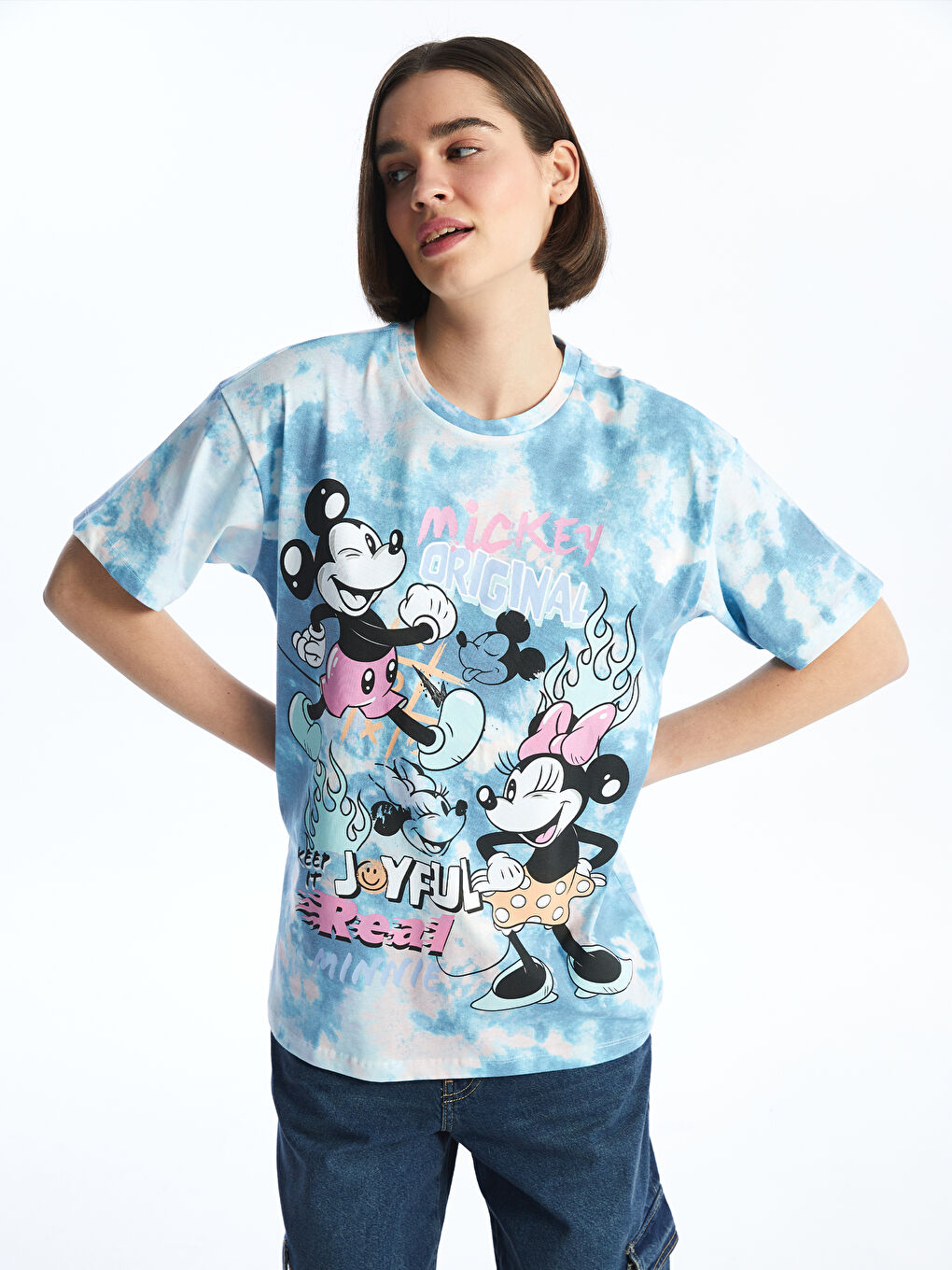 Tricou cu Guler Rotund Imprimat Mickey Mouse cu Mânecă Scurtă pentru Femei