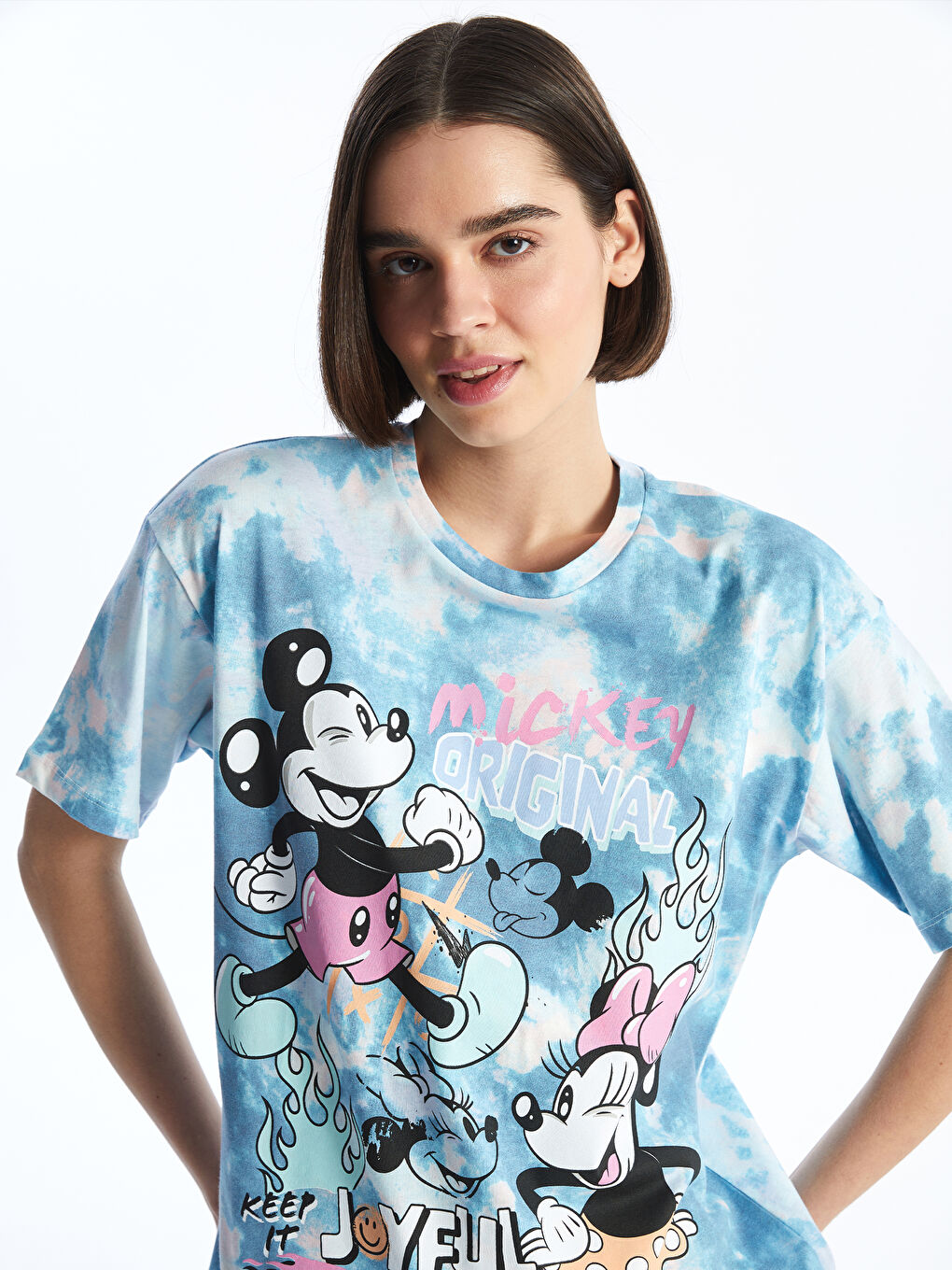Tricou cu Guler Rotund Imprimat Mickey Mouse cu Mânecă Scurtă pentru Femei-3