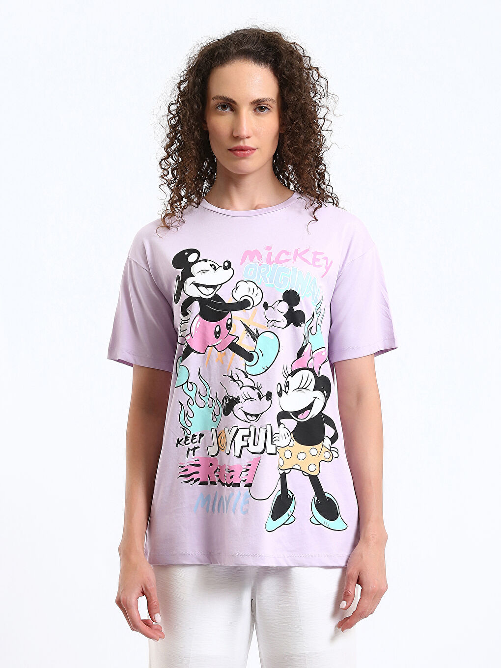 Tricou cu Guler Rotund Imprimat Mickey Mouse cu Mânecă Scurtă pentru Femei-1