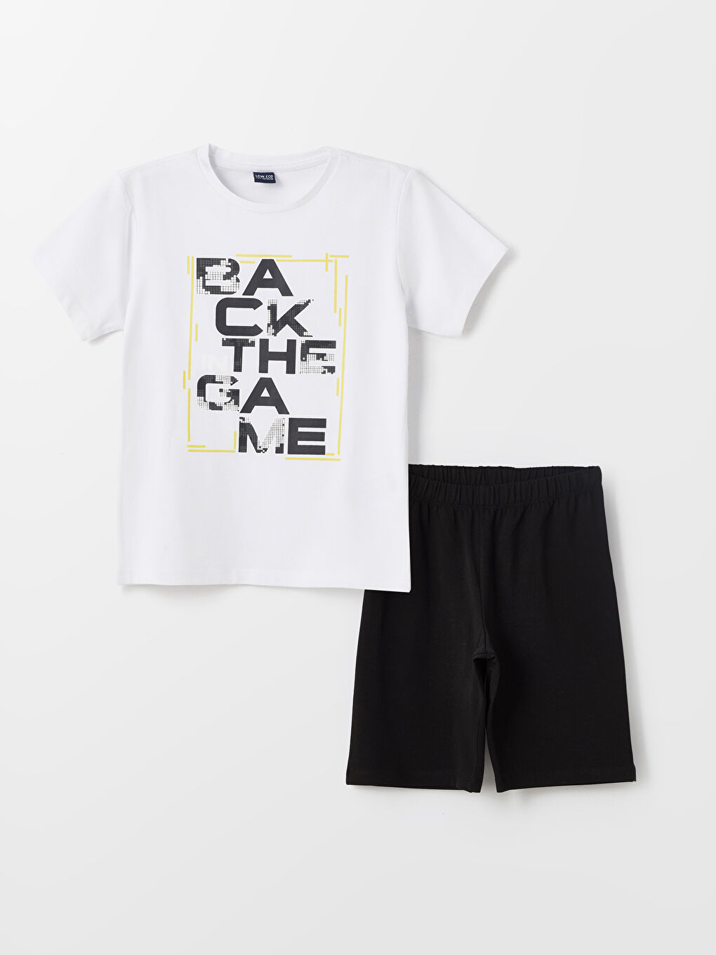 Beyaz Bisiklet Yaka Baskılı Kısa Kollu Erkek Çocuk Şortlu Pijama Takımı