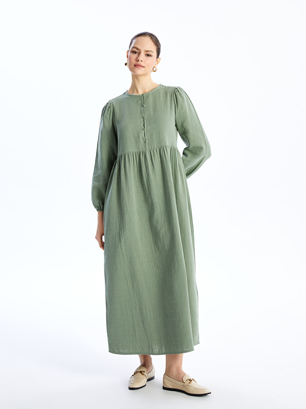 Crew Neck Straight Long Sleeve Muslin Women's Dress -S4EY07Z8-V9V