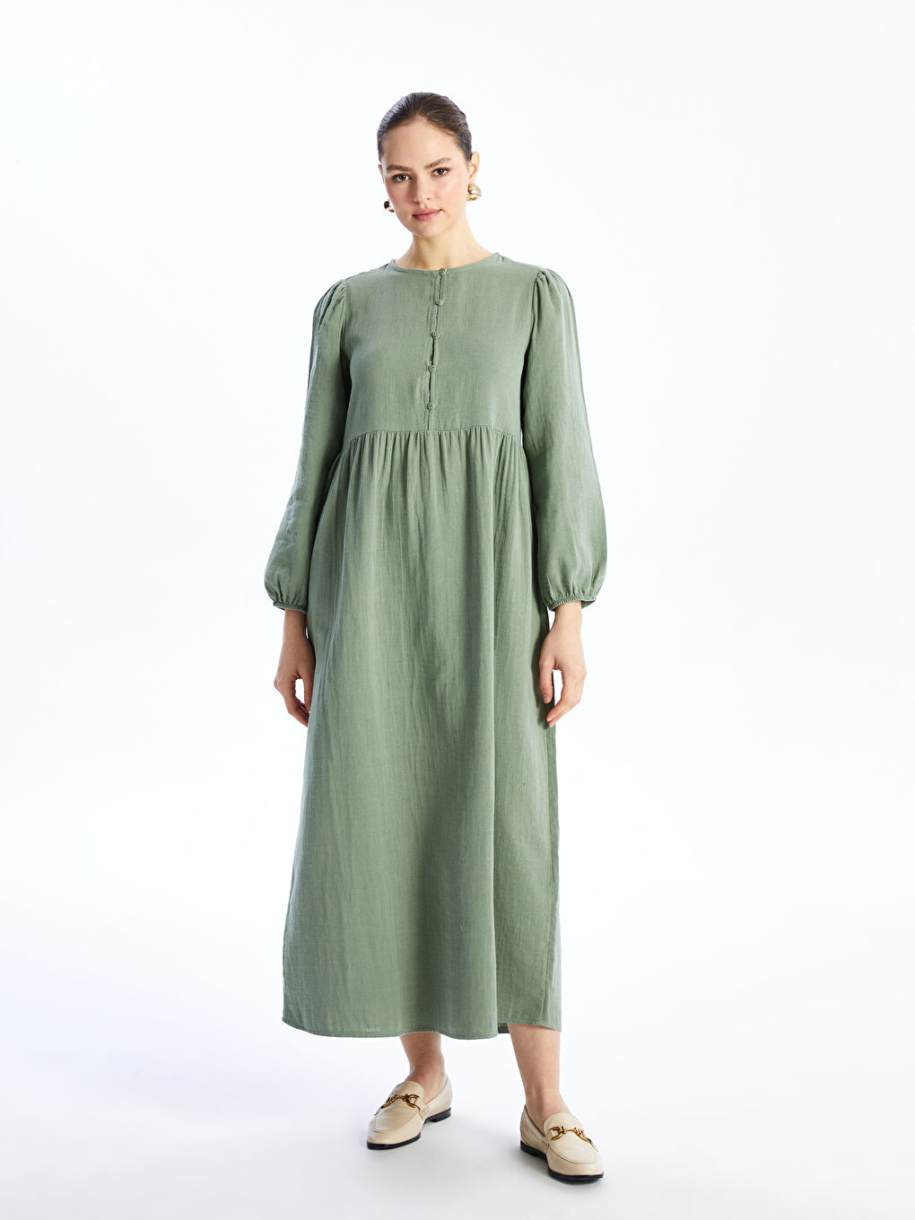 Crew Neck Straight Long Sleeve Muslin Women's Dress -S4EY07Z8-V9V