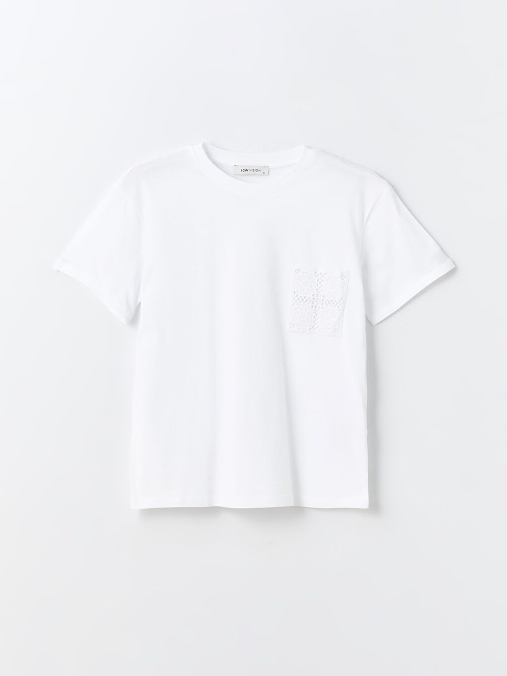 Beyaz Bisiklet Yaka Nakışlı Kısa Kollu Kadın Tişört-5