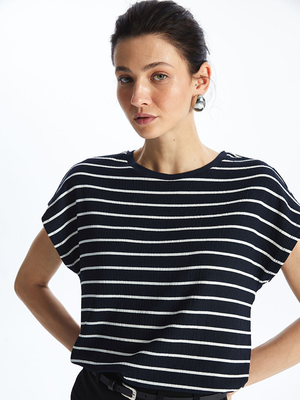 Crew Neck Striped Short Sleeve Women's T-Shirt -S4EY56Z8-LGS