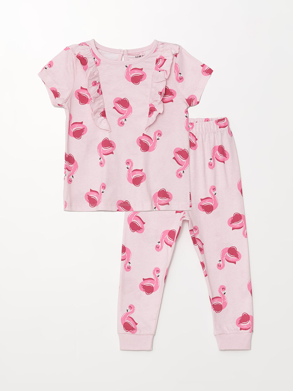 LCW baby Açık Pembe Baskılı Bisiklet Yaka Baskılı Kız Bebek Pijama Takımı