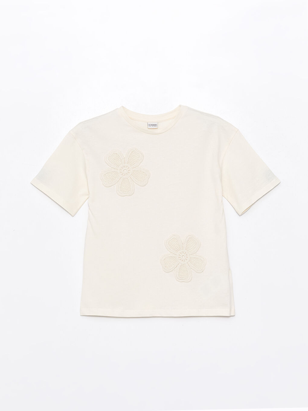 Ekru Bisiklet Yaka Nakışlı Kısa Kollu Kız Çocuk Tişört-2