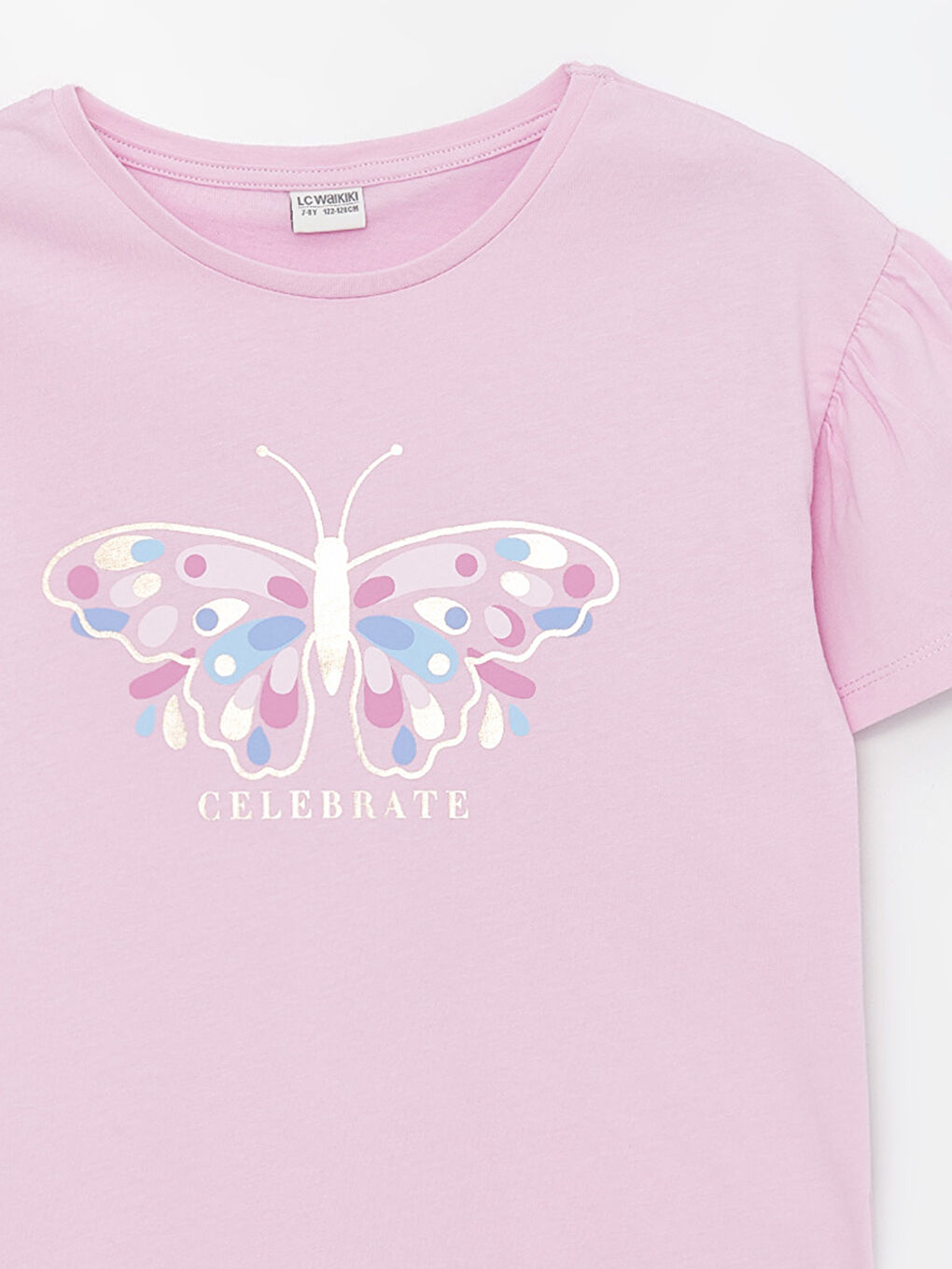 Lila Bisiklet Yaka Baskılı Kısa Kollu Kız Çocuk Tişört-2