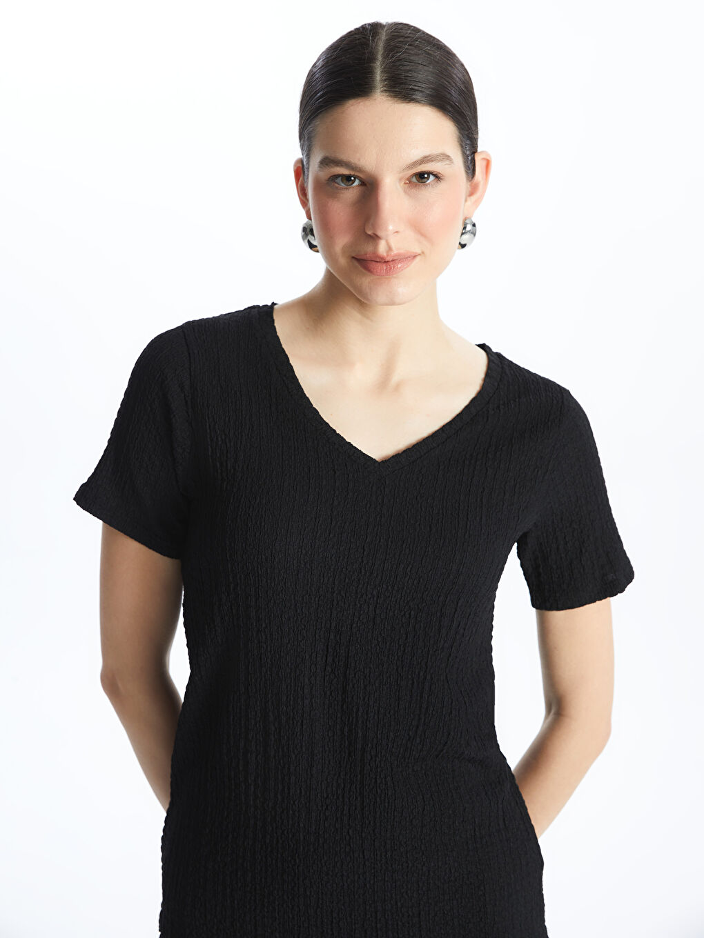 V-Neck Plain Short Sleeve Women's T-Shirt -S4FA10Z8-CVL
