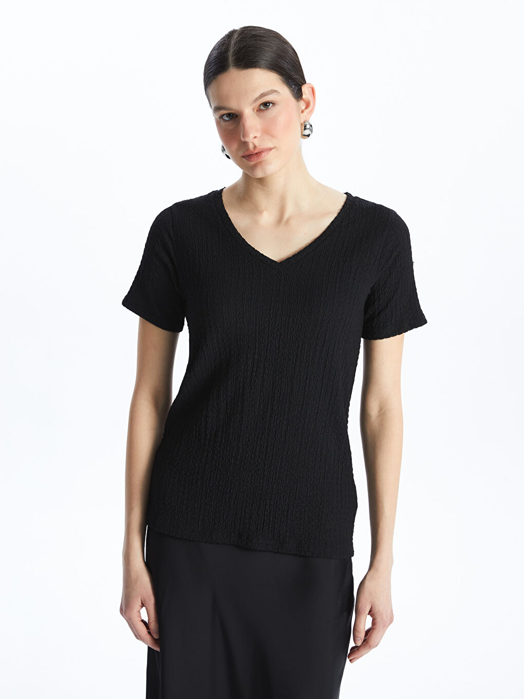 V-Neck Plain Short Sleeve Women's T-Shirt -S4FA10Z8-CVL