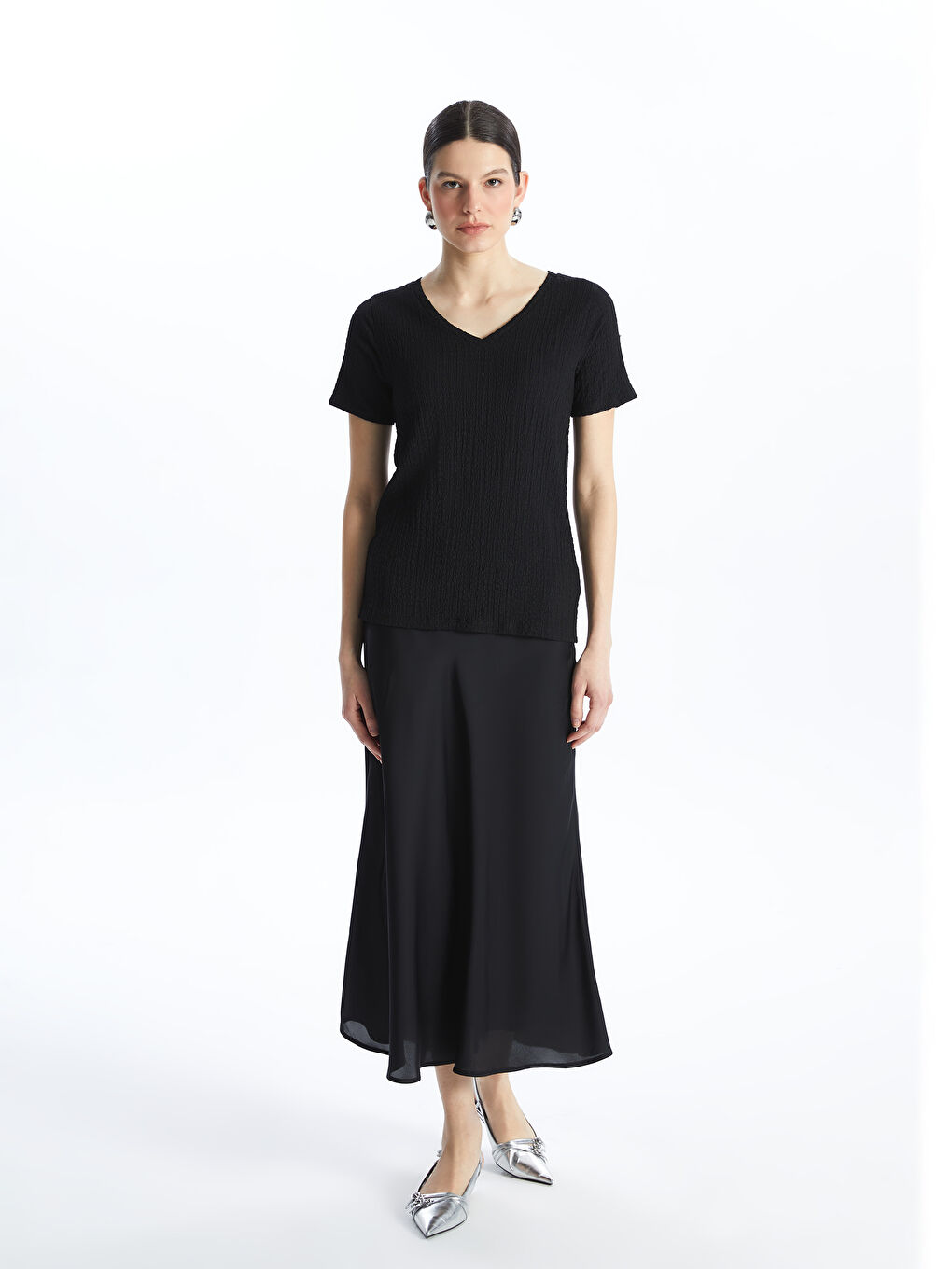 V-Neck Plain Short Sleeve Women's T-Shirt -S4FA10Z8-CVL