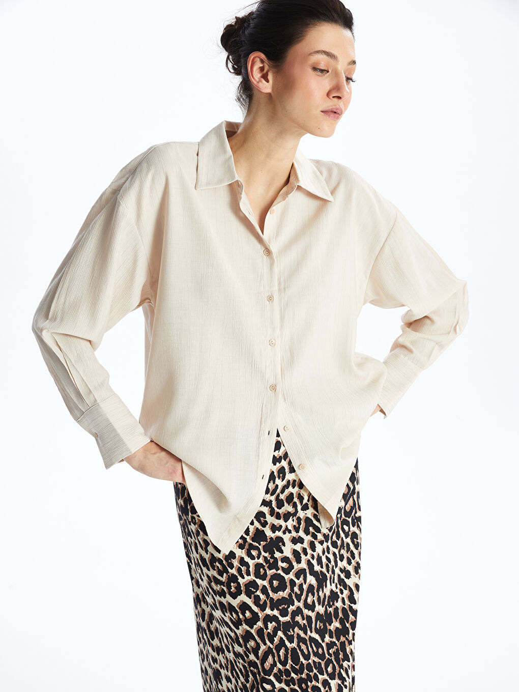Plain Long Sleeve Linen-Look Women's Shirt Tunic -S4FA28Z8-EEW