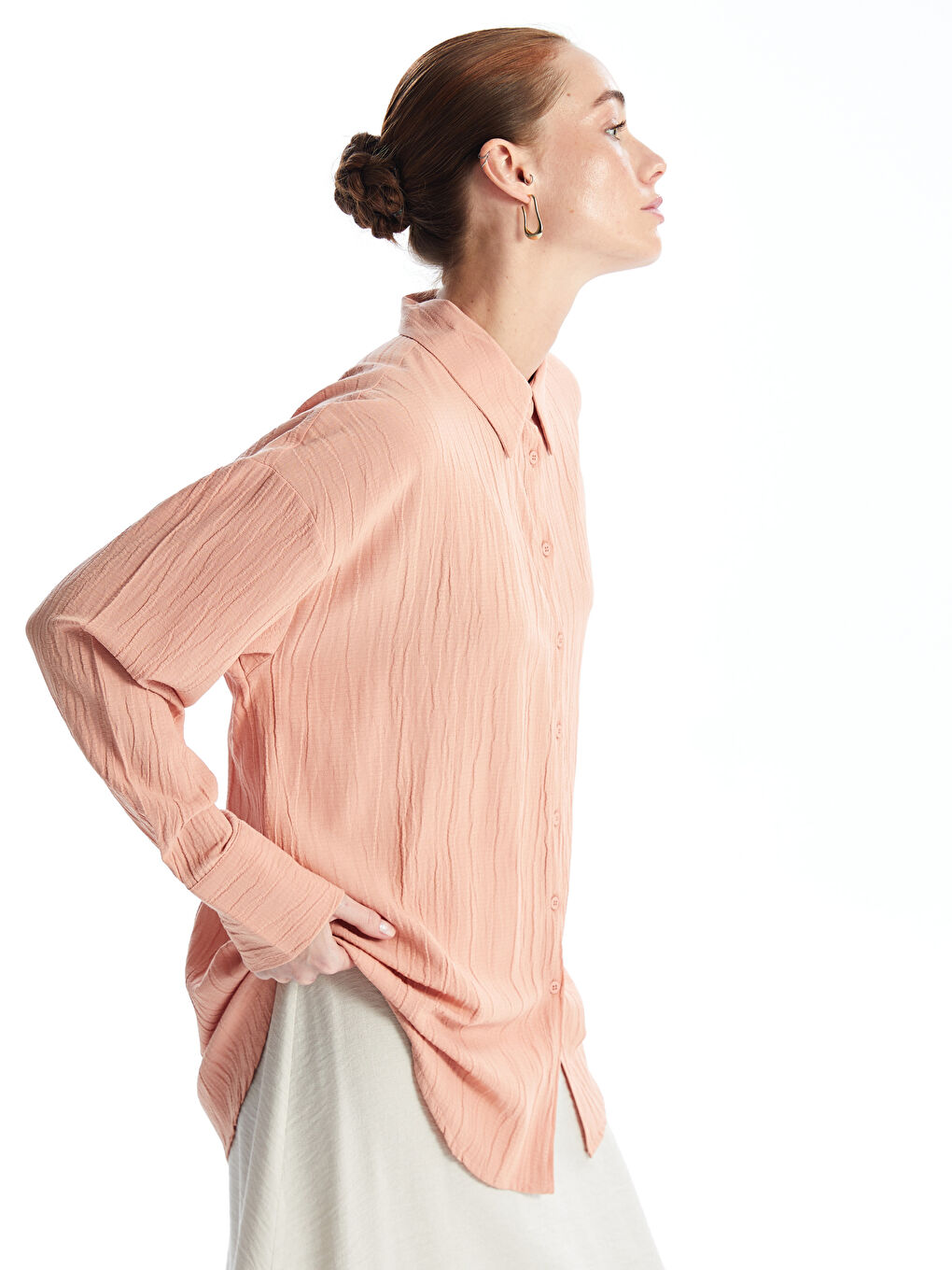 Plain Long Sleeve Linen Look Women's Shirt Tunic -S4FA28Z8-GGB