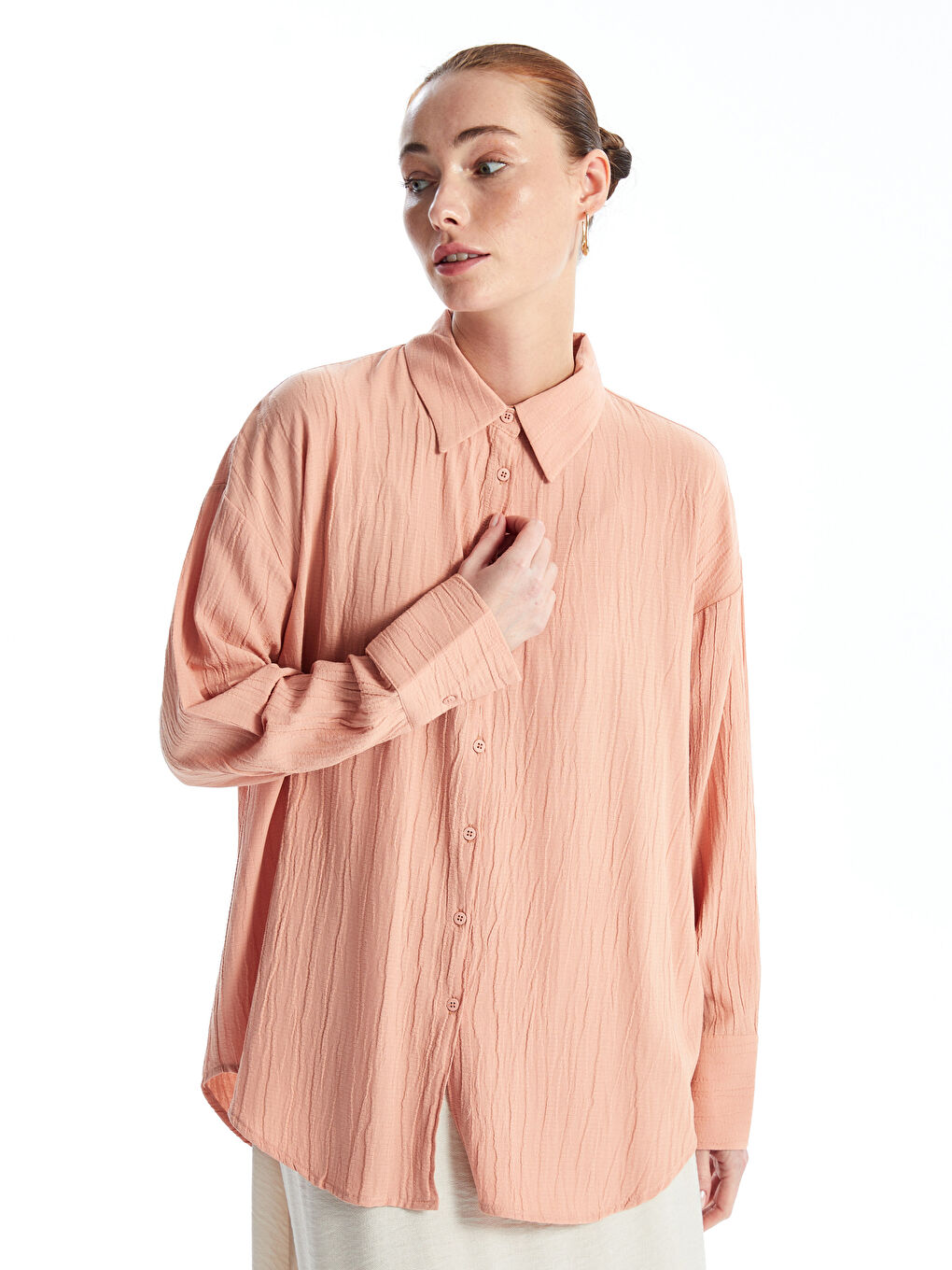 Plain Long Sleeve Linen Look Women's Shirt Tunic -S4FA28Z8-GGB