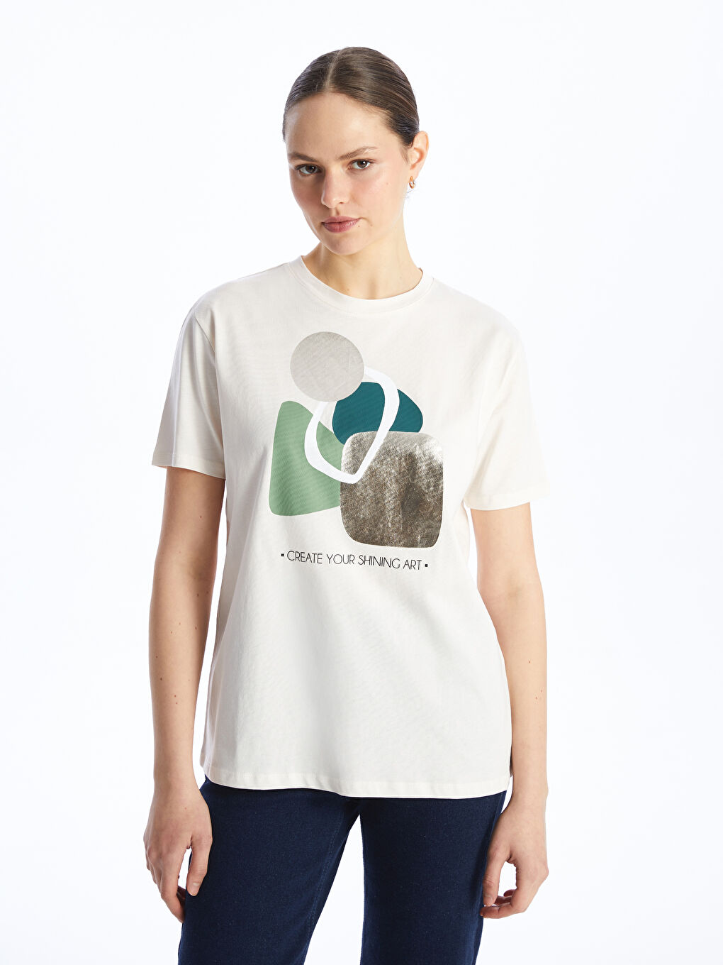 Ekru Bisiklet Yaka Baskılı Kısa Kollu Kadın Tunik