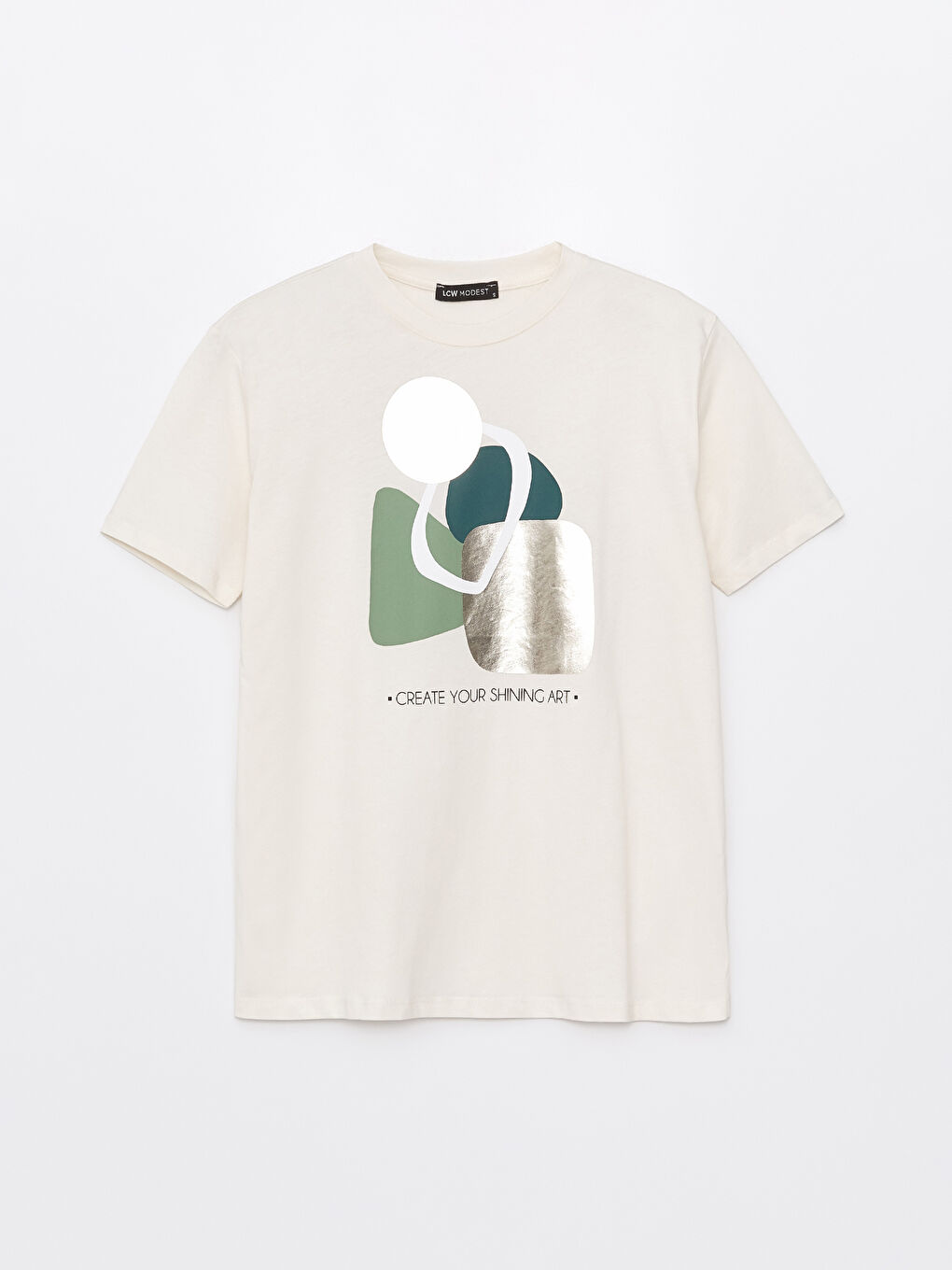 Ekru Bisiklet Yaka Baskılı Kısa Kollu Kadın Tunik-5