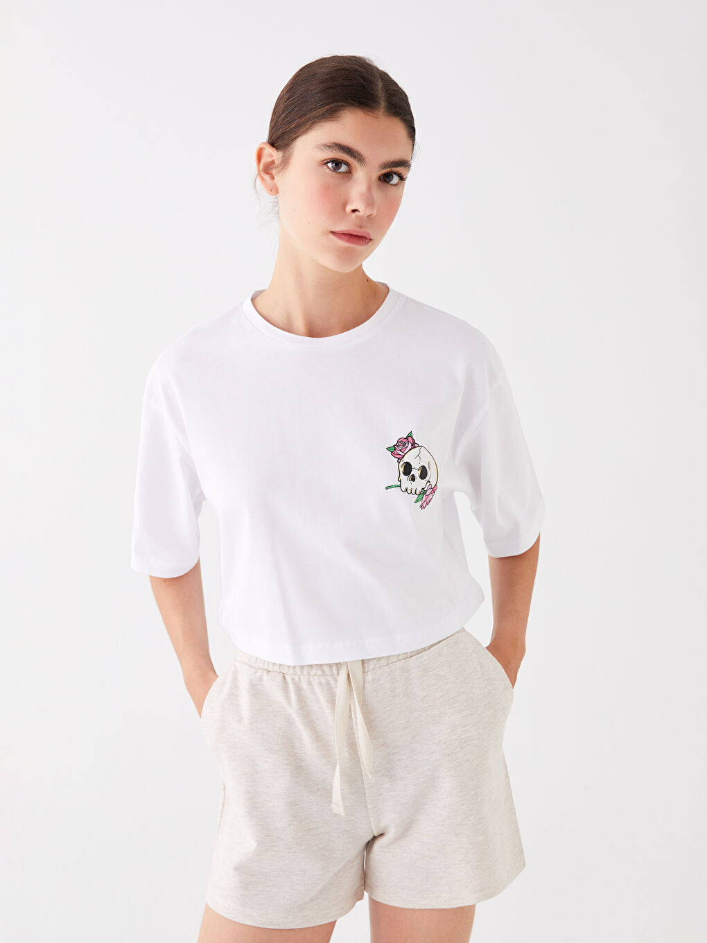 Crew Neck Printed Short Sleeve Women's Crop Top -S4FA77Z8-Q6K