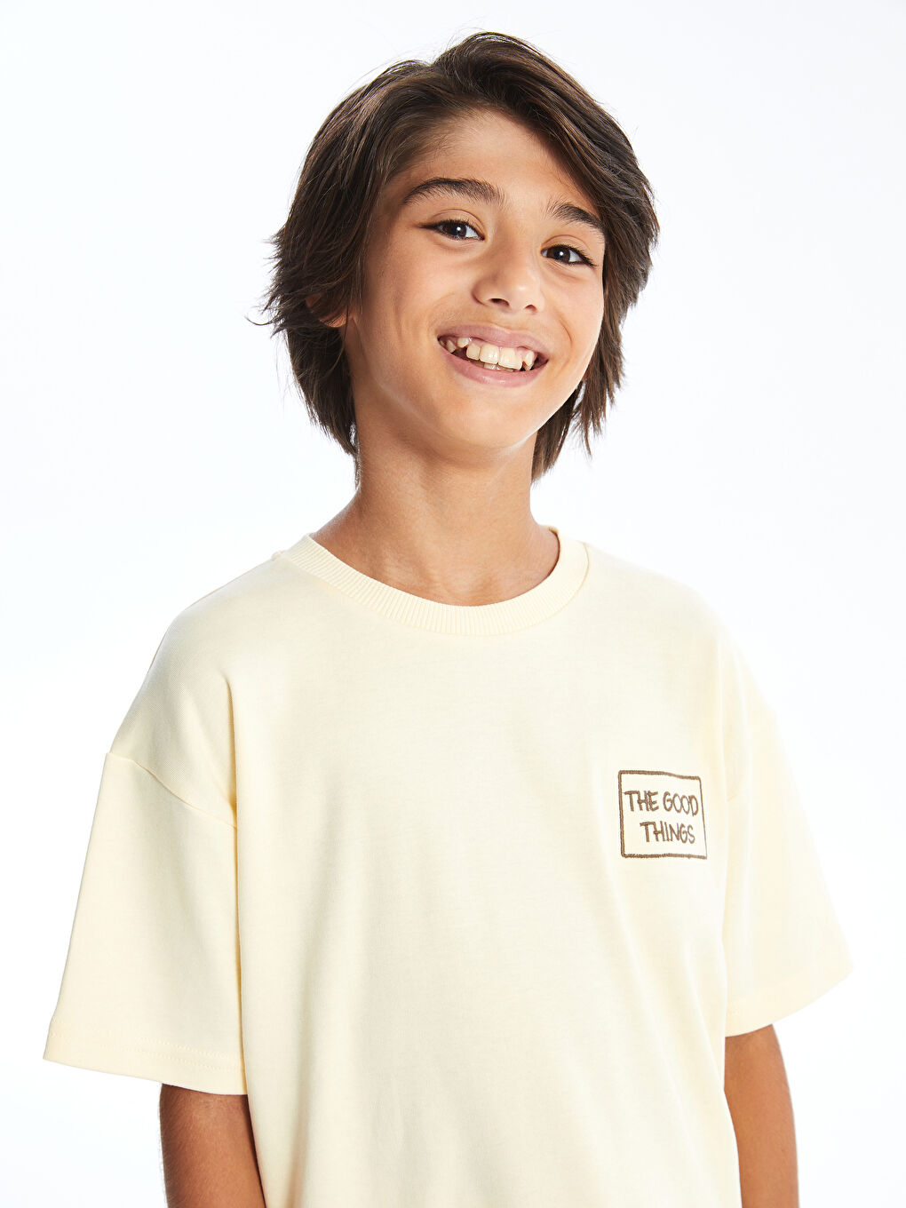LCW Kids Bej Bisiklet Yaka Oversize Tok Kumaş Erkek Çocuk Tişört