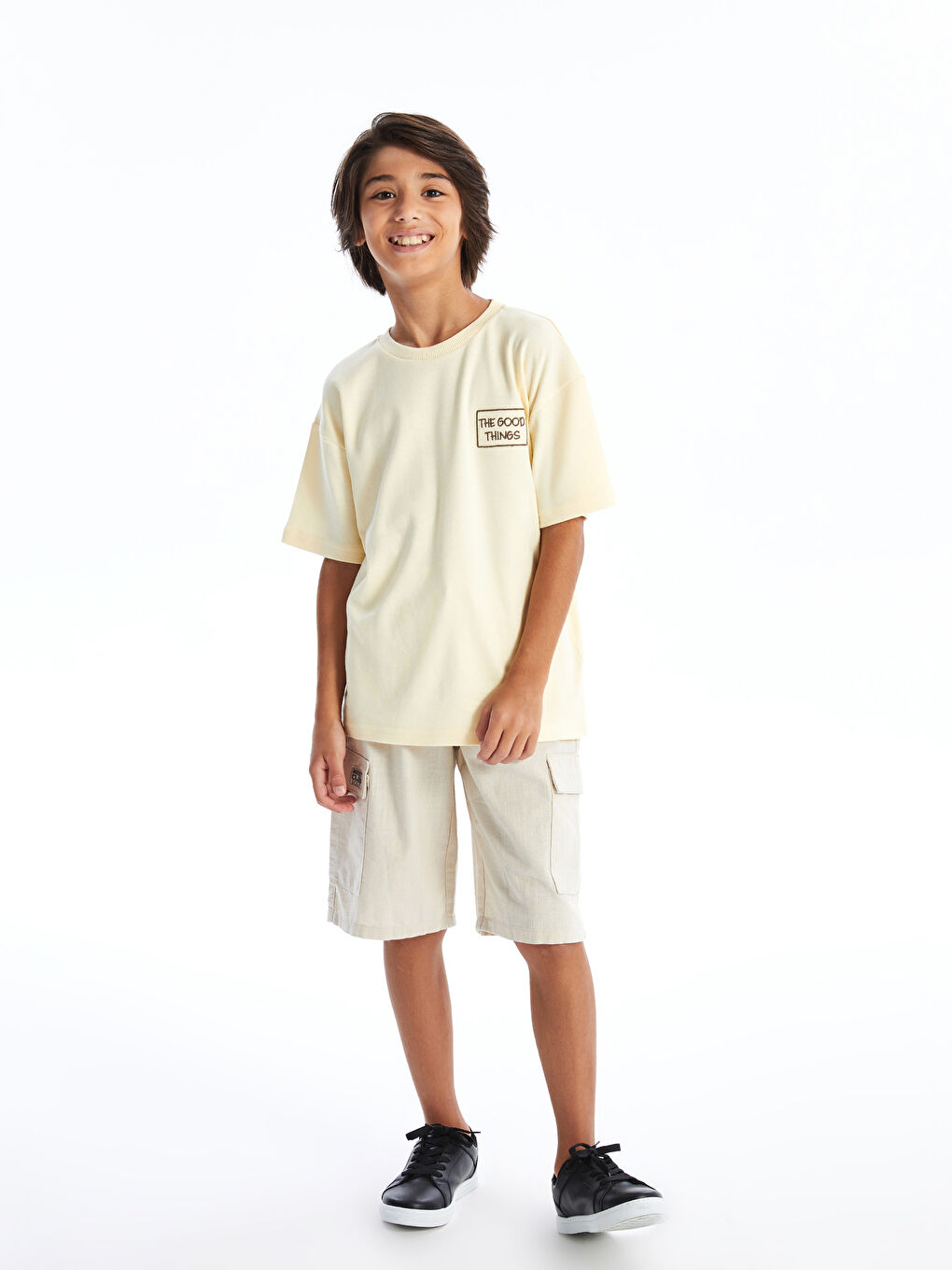 LCW Kids Bej Bisiklet Yaka Oversize Tok Kumaş Erkek Çocuk Tişört - 1