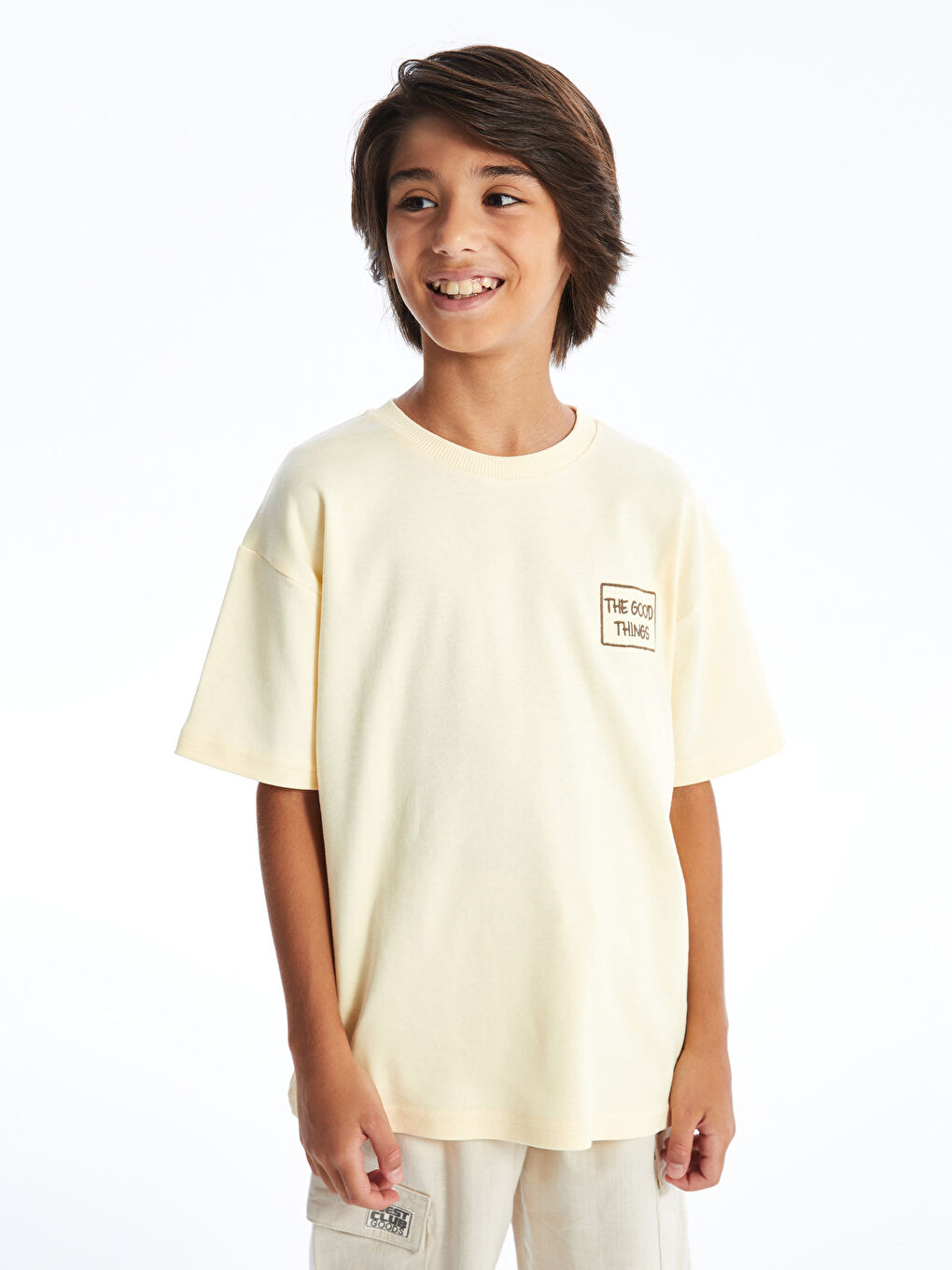 LCW Kids Bej Bisiklet Yaka Oversize Tok Kumaş Erkek Çocuk Tişört - 2