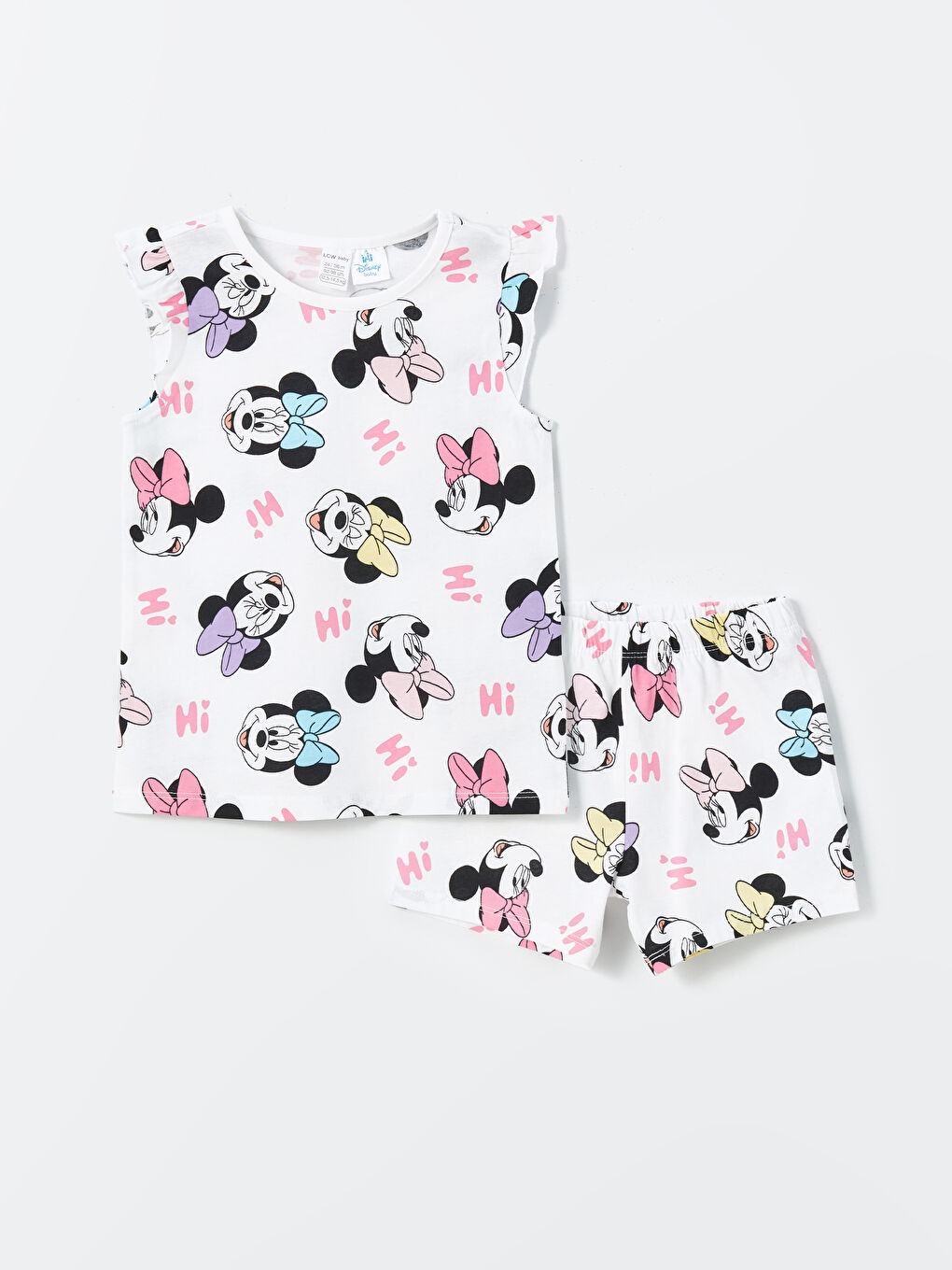 LCW baby Ekru Baskılı Bisiklet Yaka Minnie Mouse Baskılı Kız Bebek Şortlu Pijama Takımı