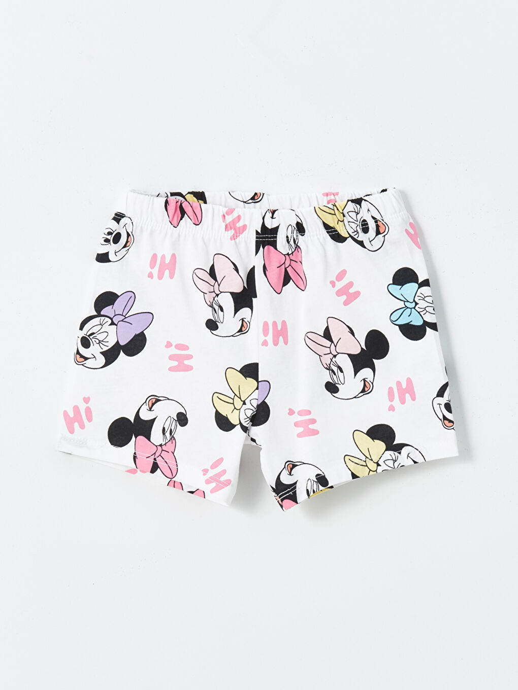 LCW baby Ekru Baskılı Bisiklet Yaka Minnie Mouse Baskılı Kız Bebek Şortlu Pijama Takımı - 3