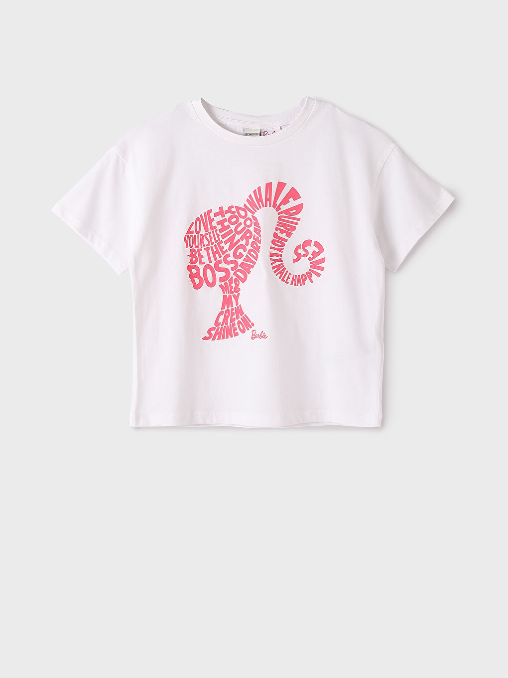 تيشيرت كم قصير مطبوع باربي بياقة دائرية للبنات