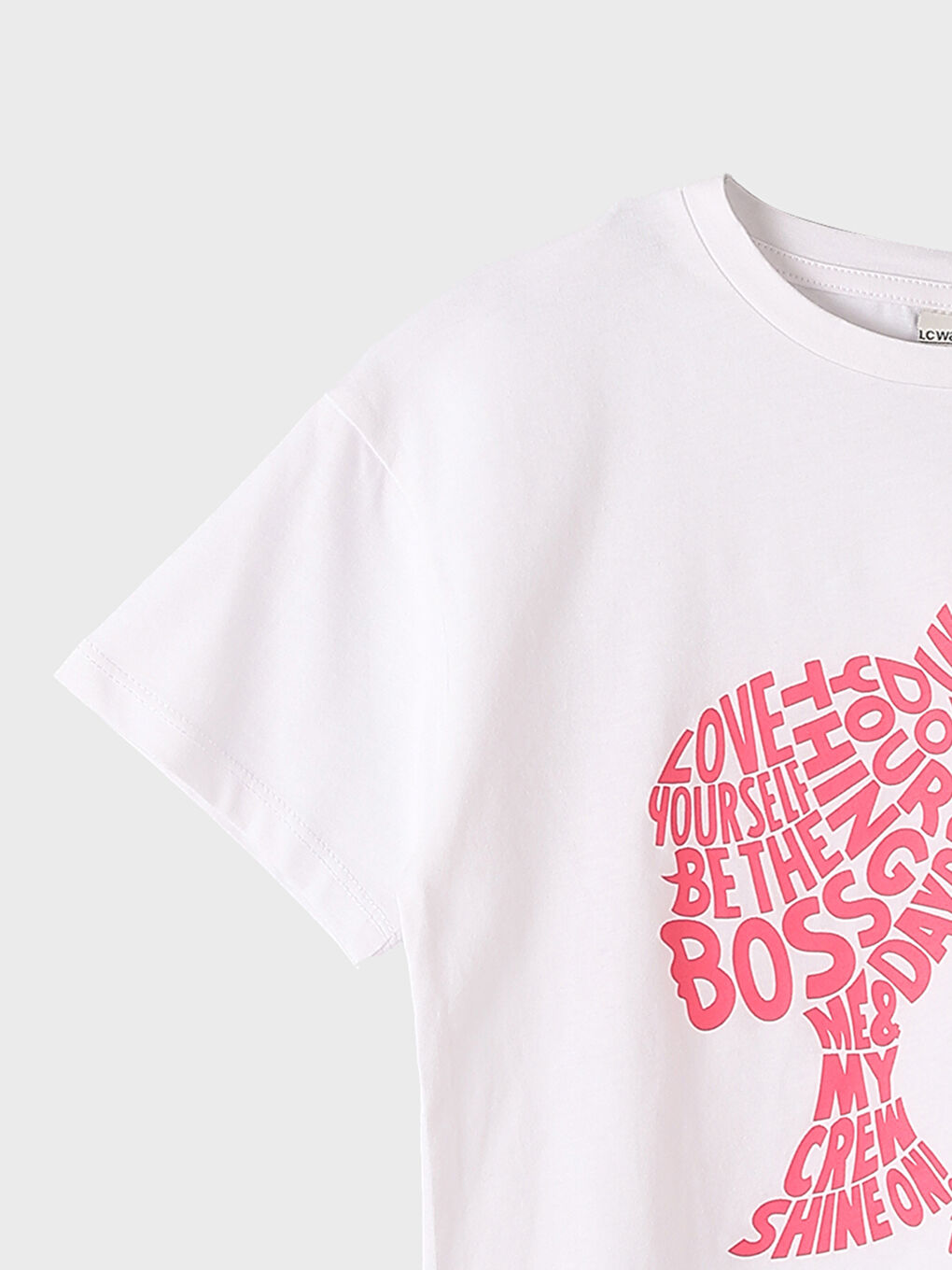 تيشيرت كم قصير مطبوع باربي بياقة دائرية للبنات-1