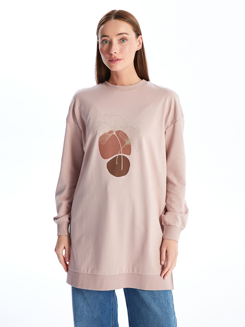 تونيك سويتشيرت نسائي أوفراسايز مطبوع بياقة دائرية