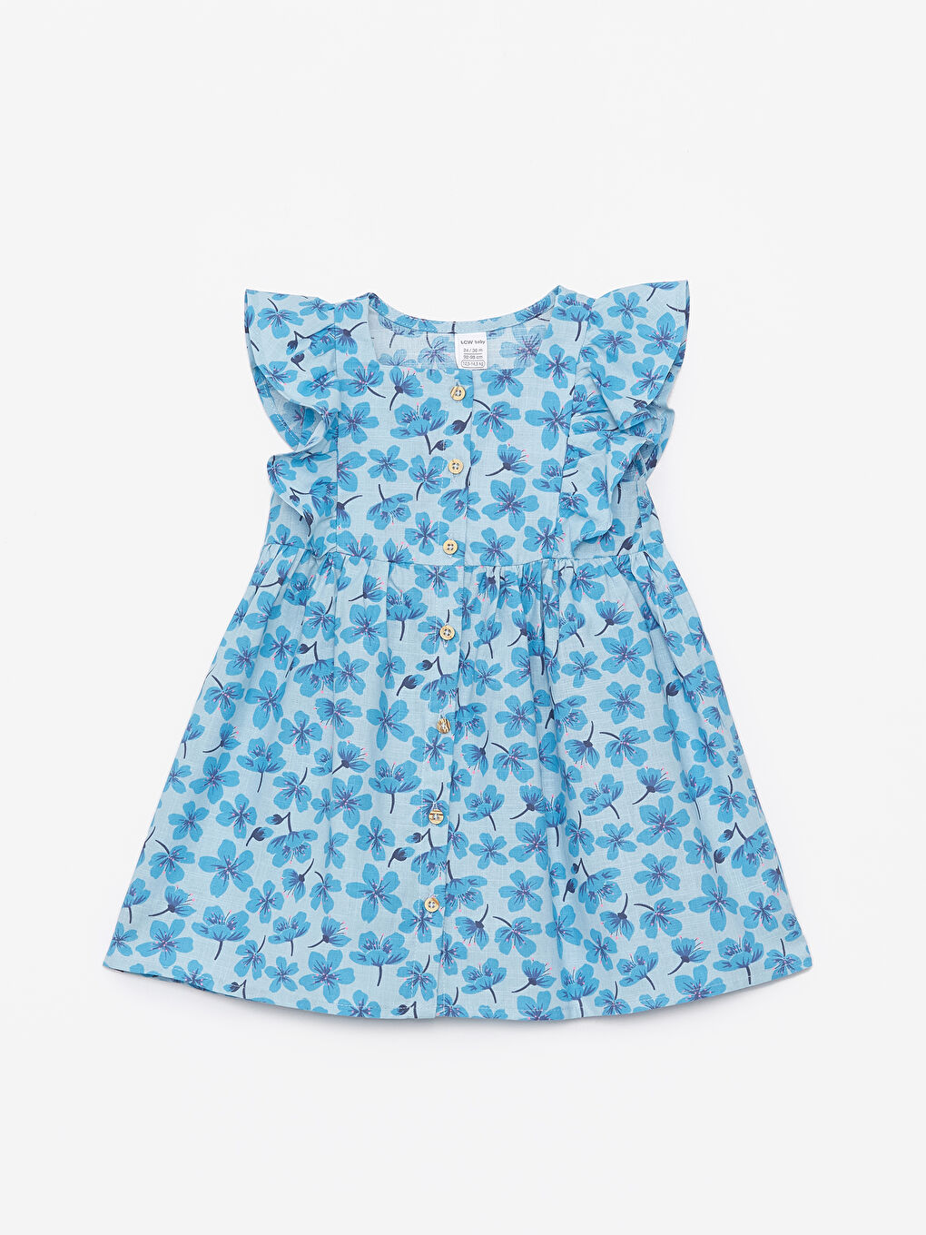 Mavi Çiçek Desenli Kare Yaka Kısa Kollu Kız Bebek Elbise