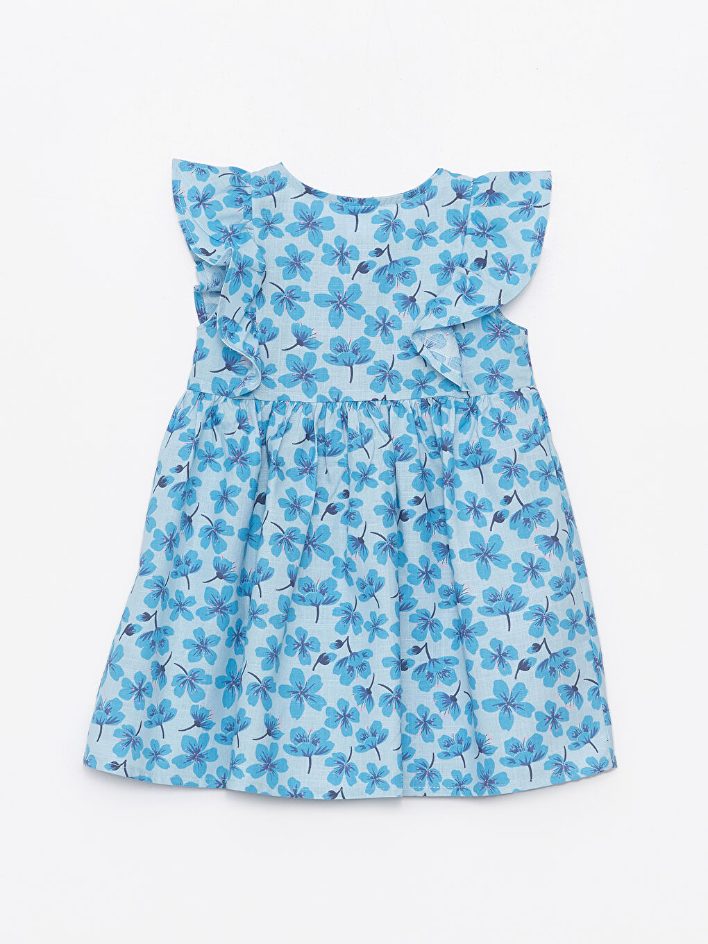Mavi Çiçek Desenli Kare Yaka Kısa Kollu Kız Bebek Elbise-1