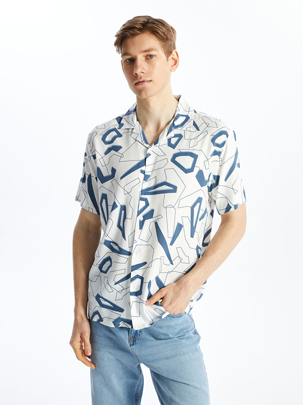 Regular Fit Short Sleeve Patterned Poplin Men's Shirt -S4FD91Z8-LSJ