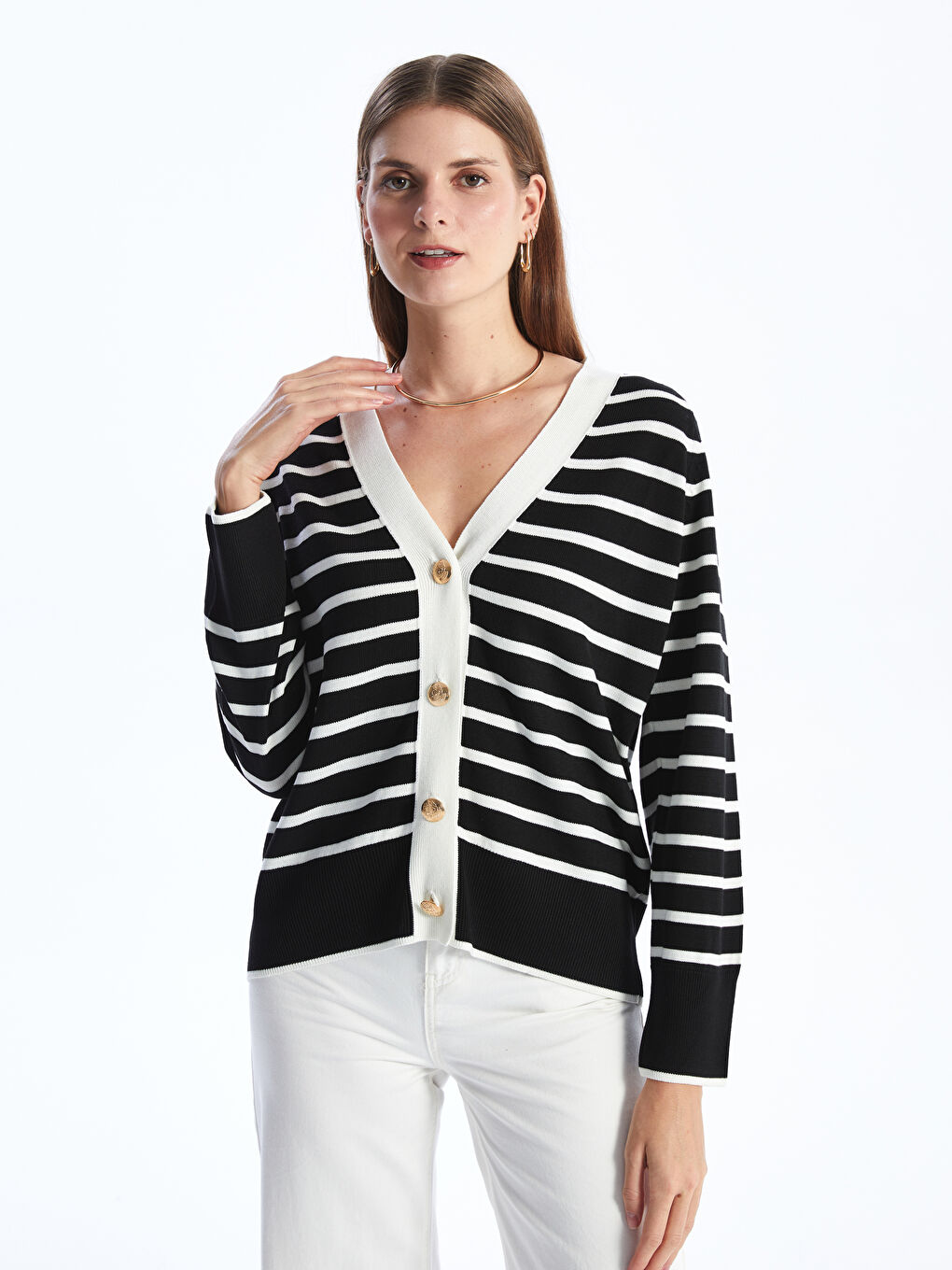 V Neck Striped Long Sleeve Women's Tricot Cardigan -S4FE03Z8-LFC