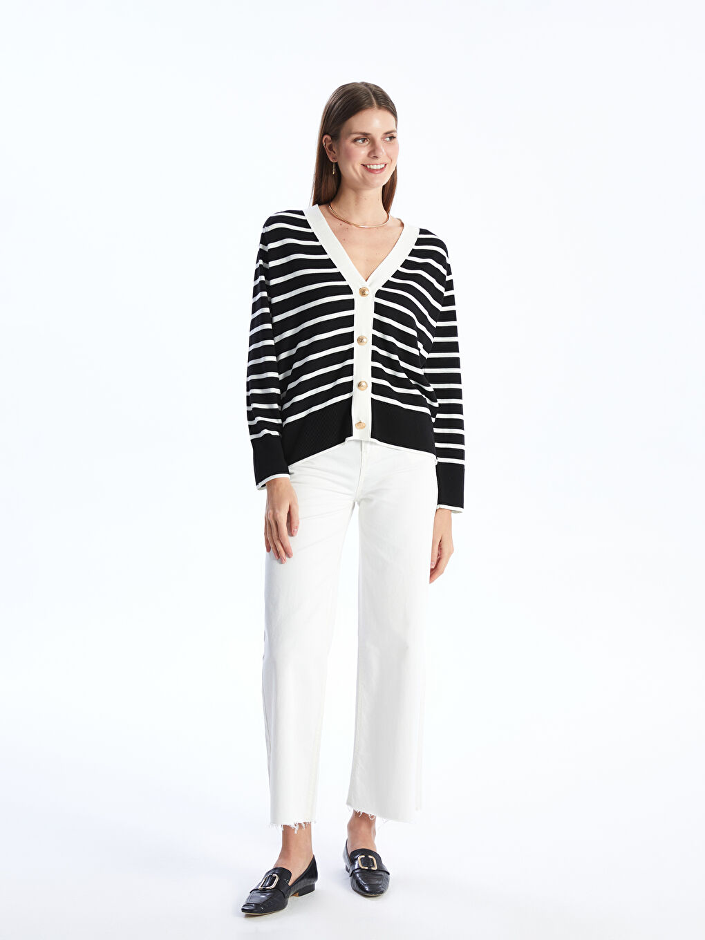 V Neck Striped Long Sleeve Women's Tricot Cardigan -S4FE03Z8-LFC