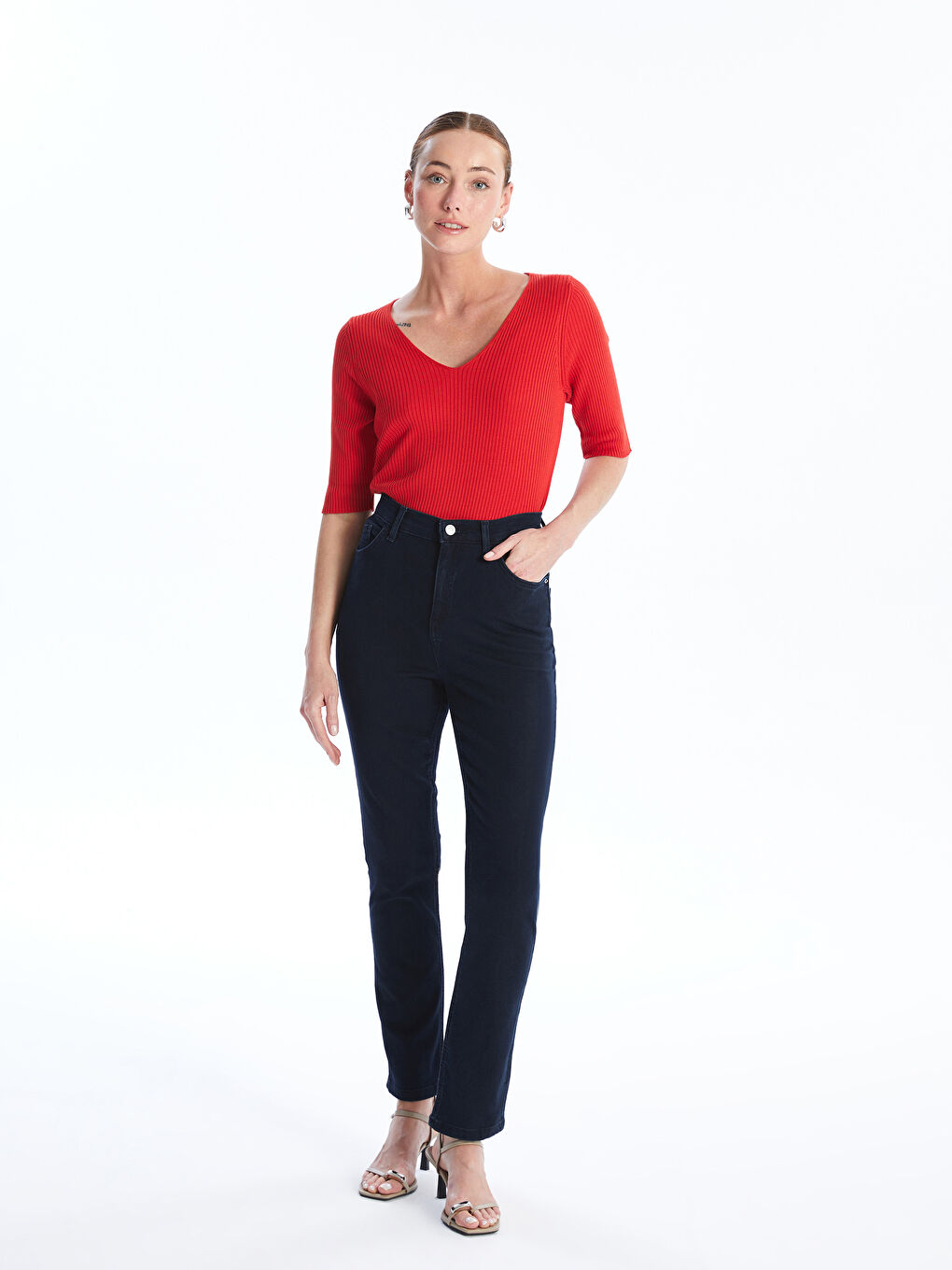 V Neck Plain Short Sleeve Women's Knitwear Sweater -S4FE42Z8-KYV