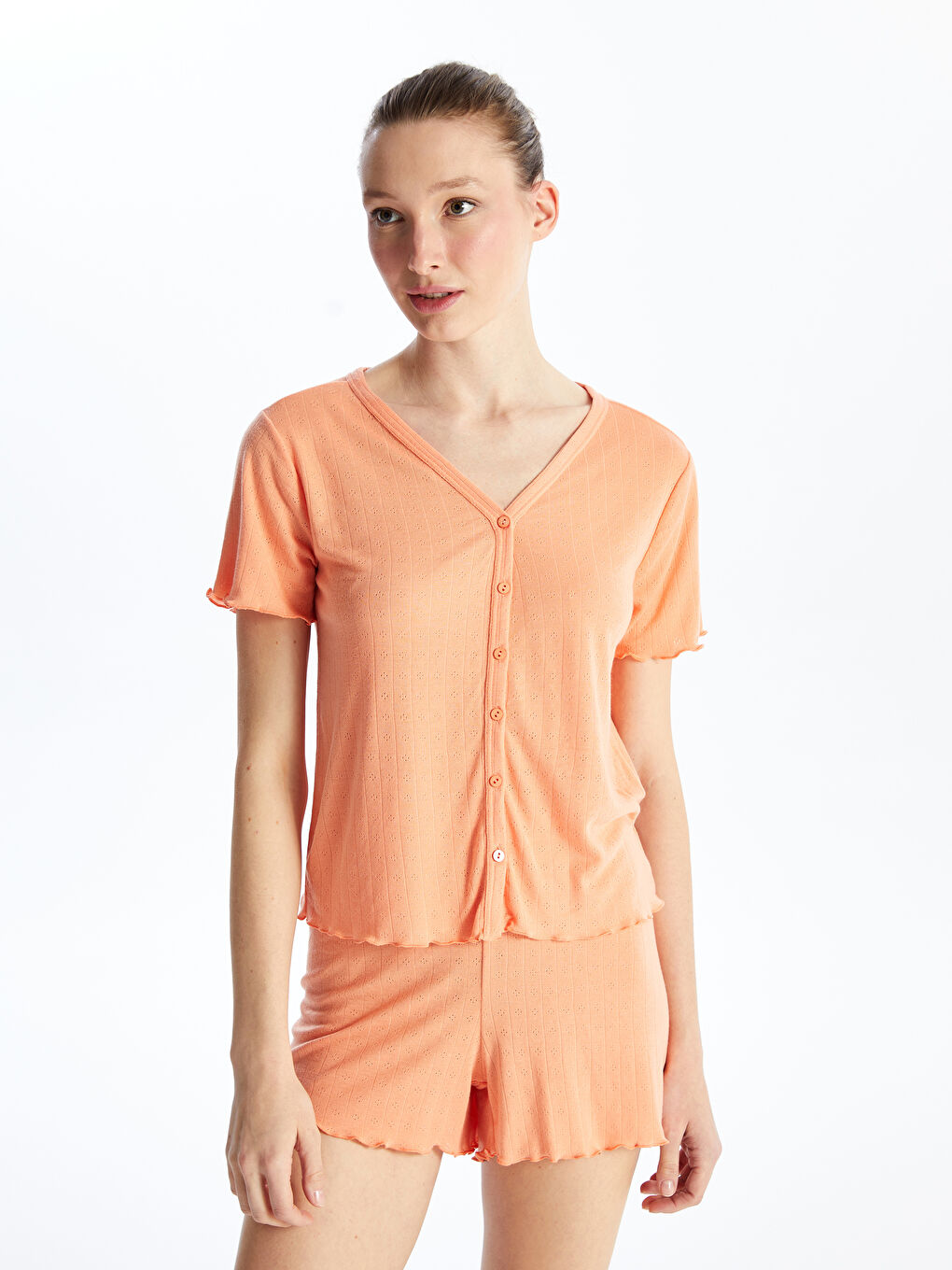 V-Neck Self-Patterned Short Sleeve Women's Pajama Set with Shorts -S4FF65Z8-FHX