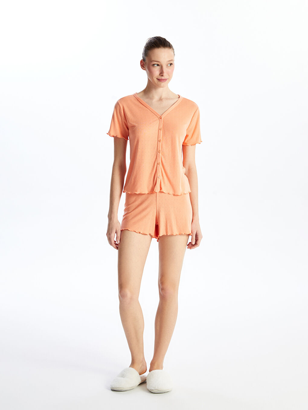 V-Neck Self-Patterned Short Sleeve Women's Pajama Set with Shorts -S4FF65Z8-FHX