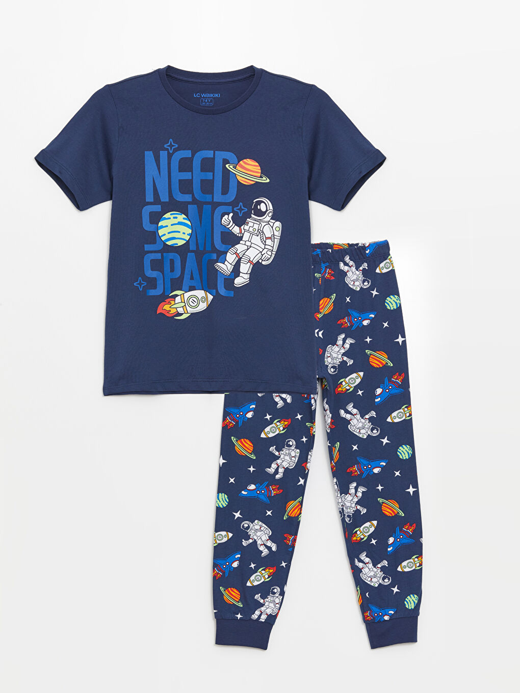 Lacivert Bisiklet Yaka Baskılı Kısa Kollu Erkek Çocuk Pijama Takımı