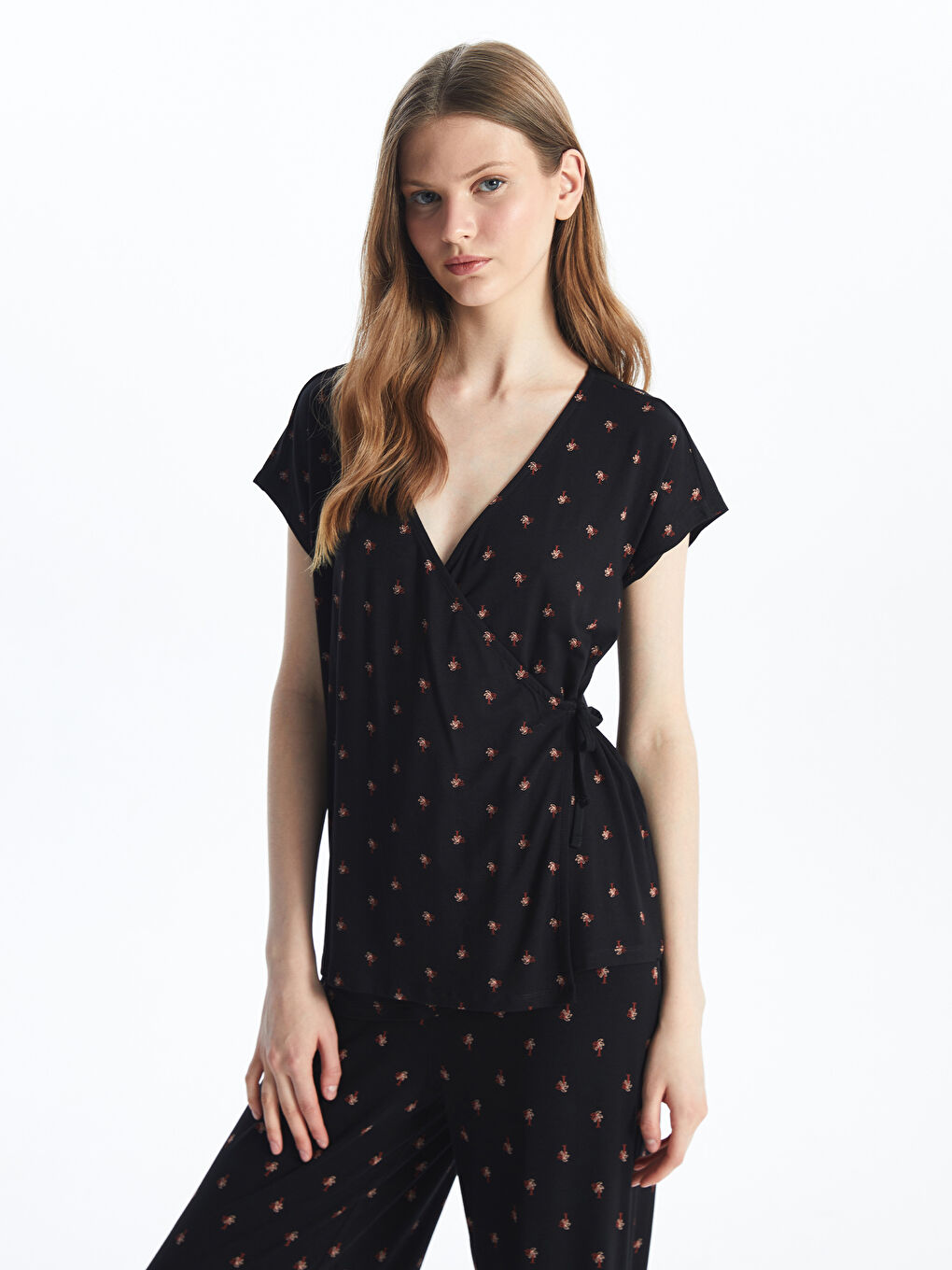 Double Breasted Collar Patterned Short Sleeve Women's Pajama Set -S4FG43Z8-LQJ