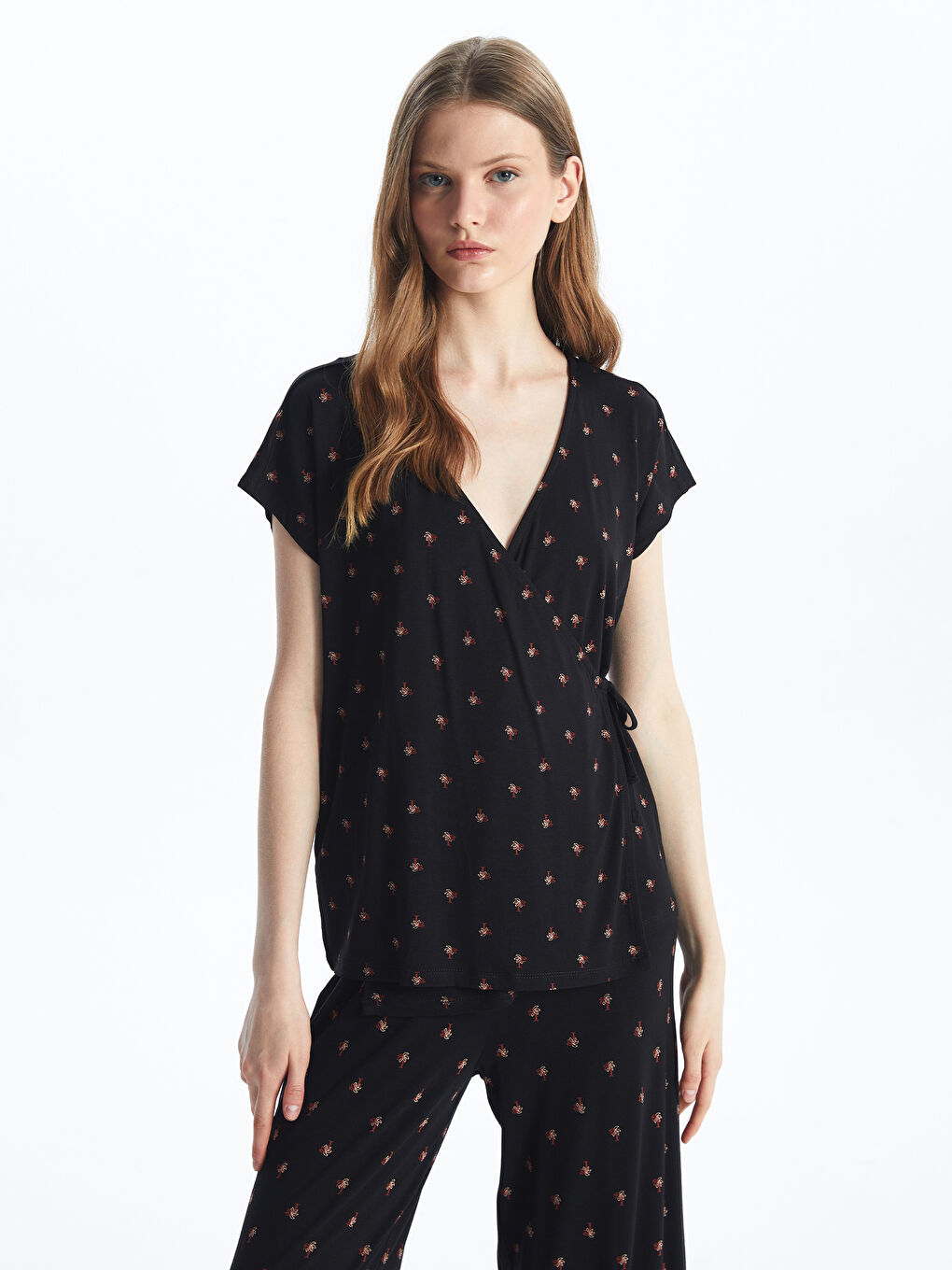 Double Breasted Collar Patterned Short Sleeve Women's Pajama Set -S4FG43Z8-LQJ