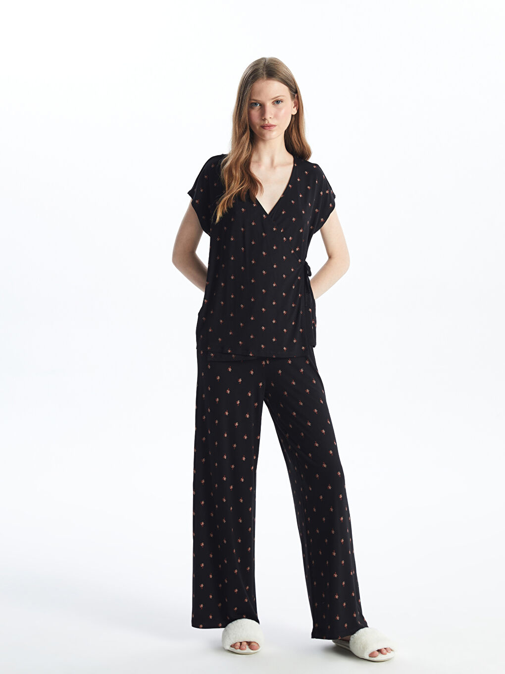 Double Breasted Collar Patterned Short Sleeve Women's Pajama Set -S4FG43Z8-LQJ