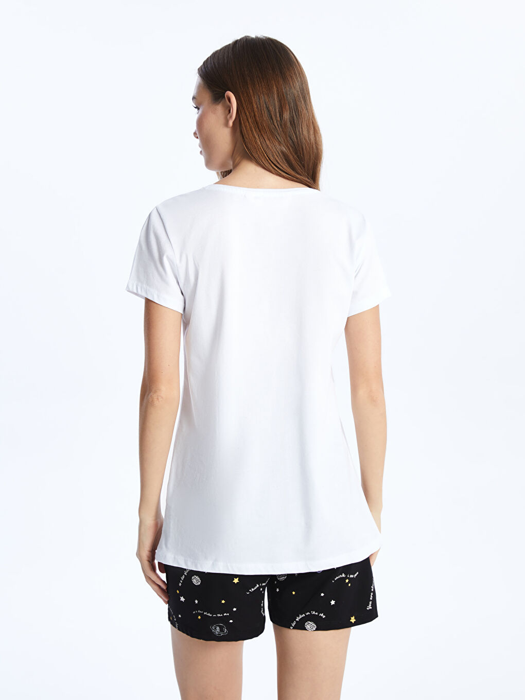 Siyah Bisiklet Yaka Baskılı Kısa Kollu Kadın Şortlu Pijama Takımı-4