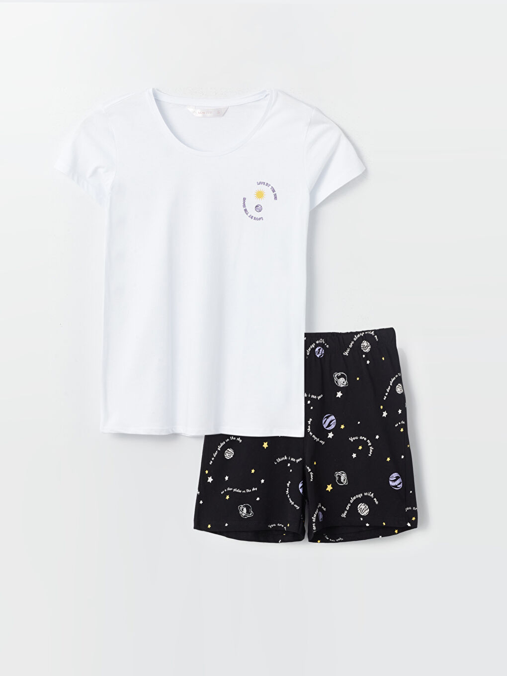 Siyah Bisiklet Yaka Baskılı Kısa Kollu Kadın Şortlu Pijama Takımı-5