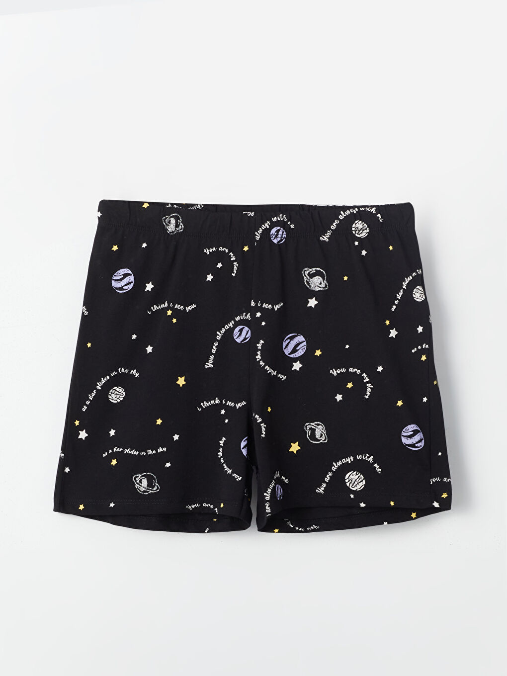 Siyah Bisiklet Yaka Baskılı Kısa Kollu Kadın Şortlu Pijama Takımı-8